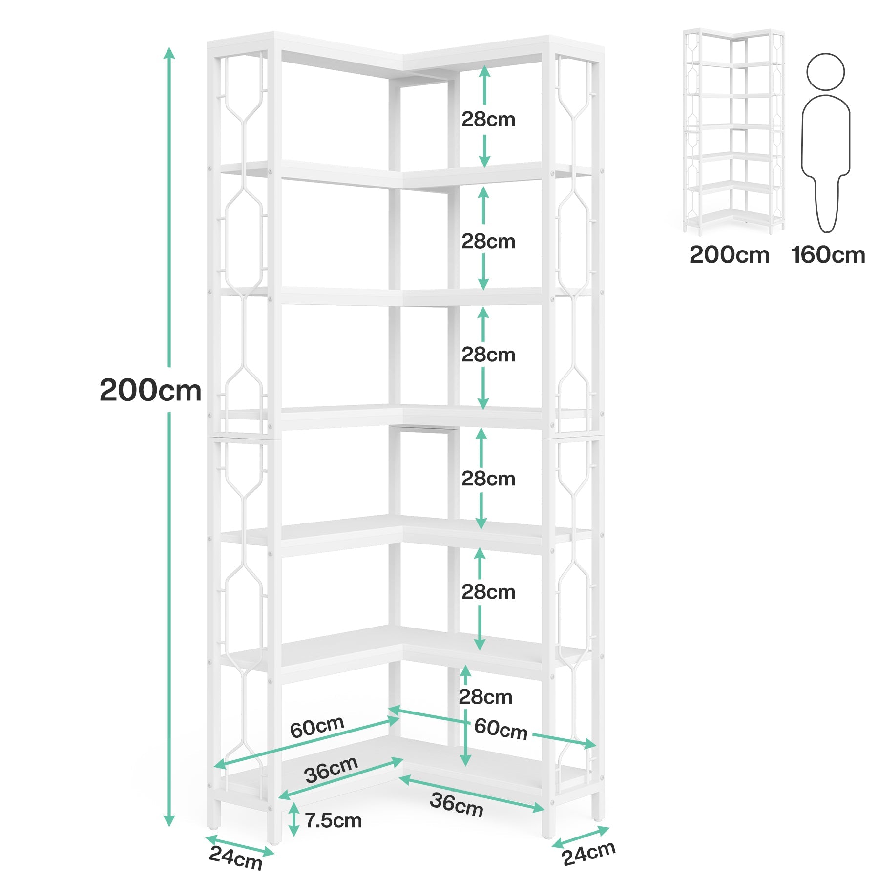 Tribesigns Estantería esquinera de madera y metal, Librería industrial de 7 niveles