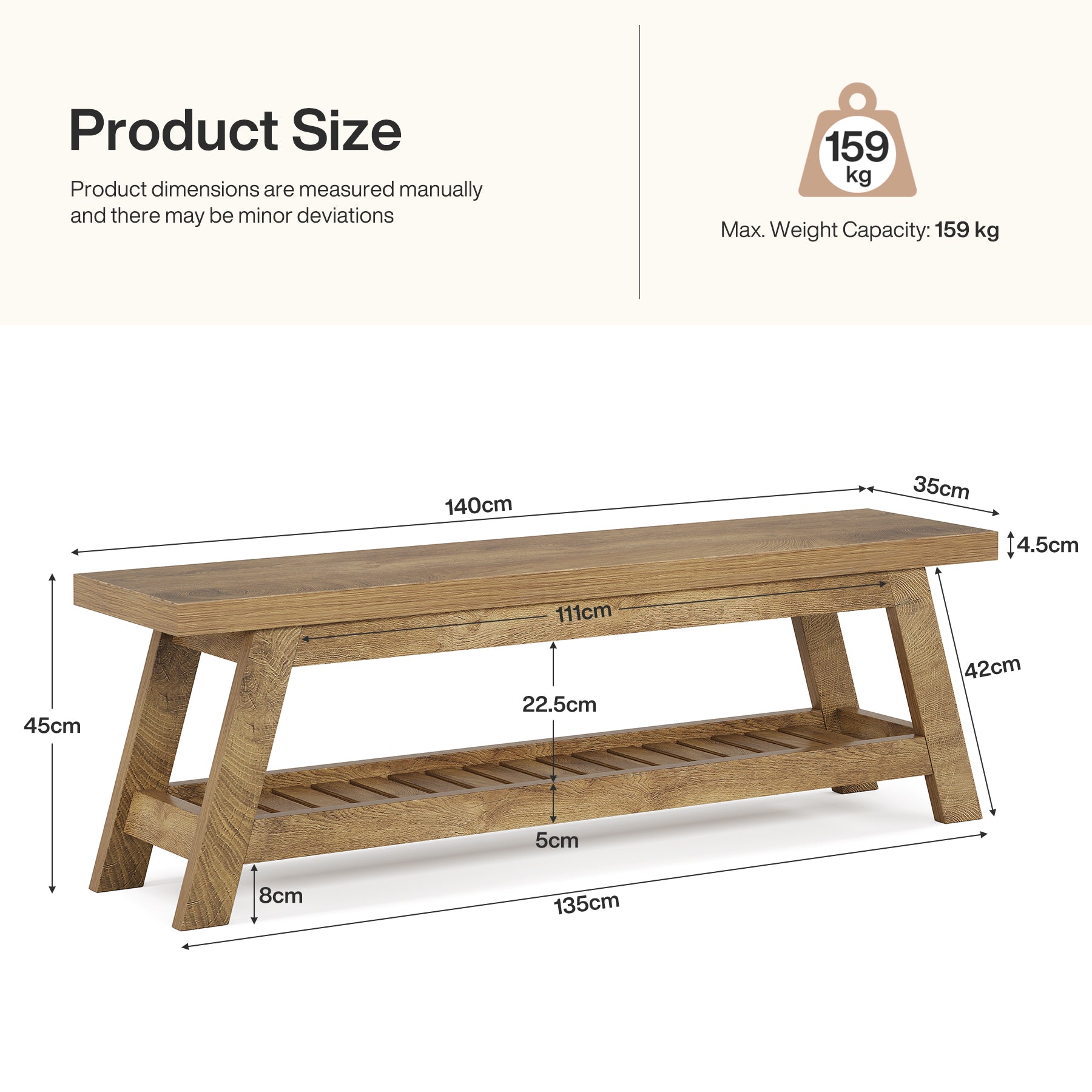 Tribesigns Banco de almacenamiento de 140 cm en madera de nogal claro para dormitorio