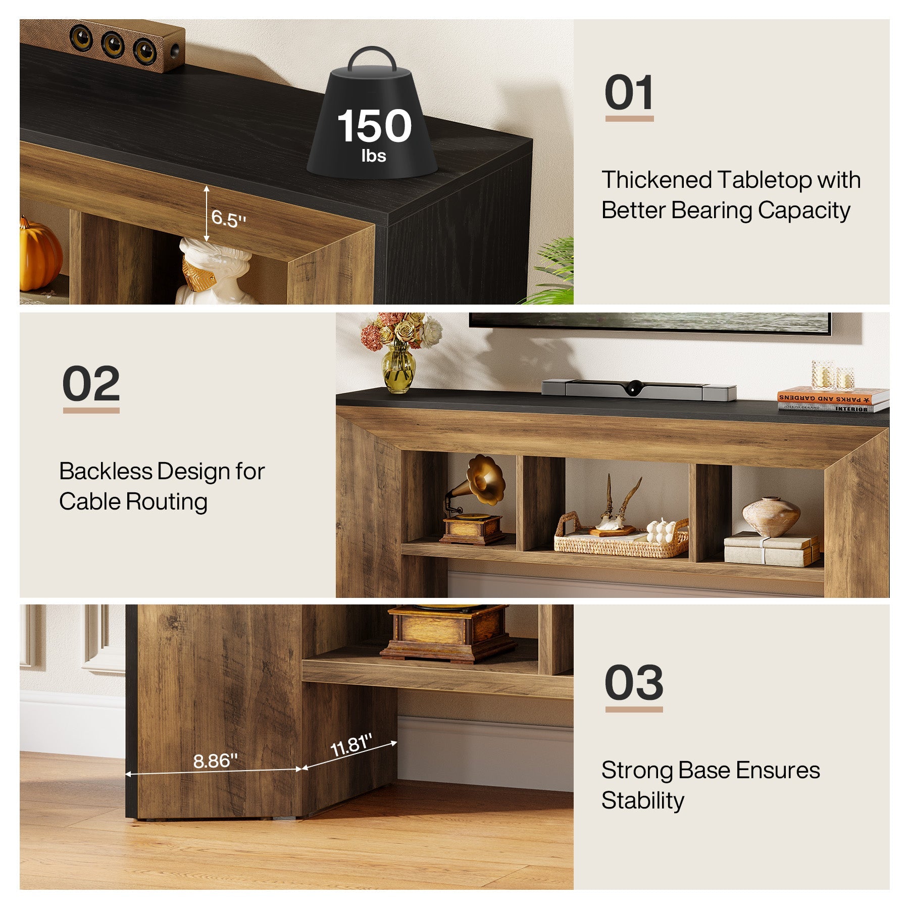 Mueble para TV de 160 cm, Mueble multimedia de 3 compartimentos para salón