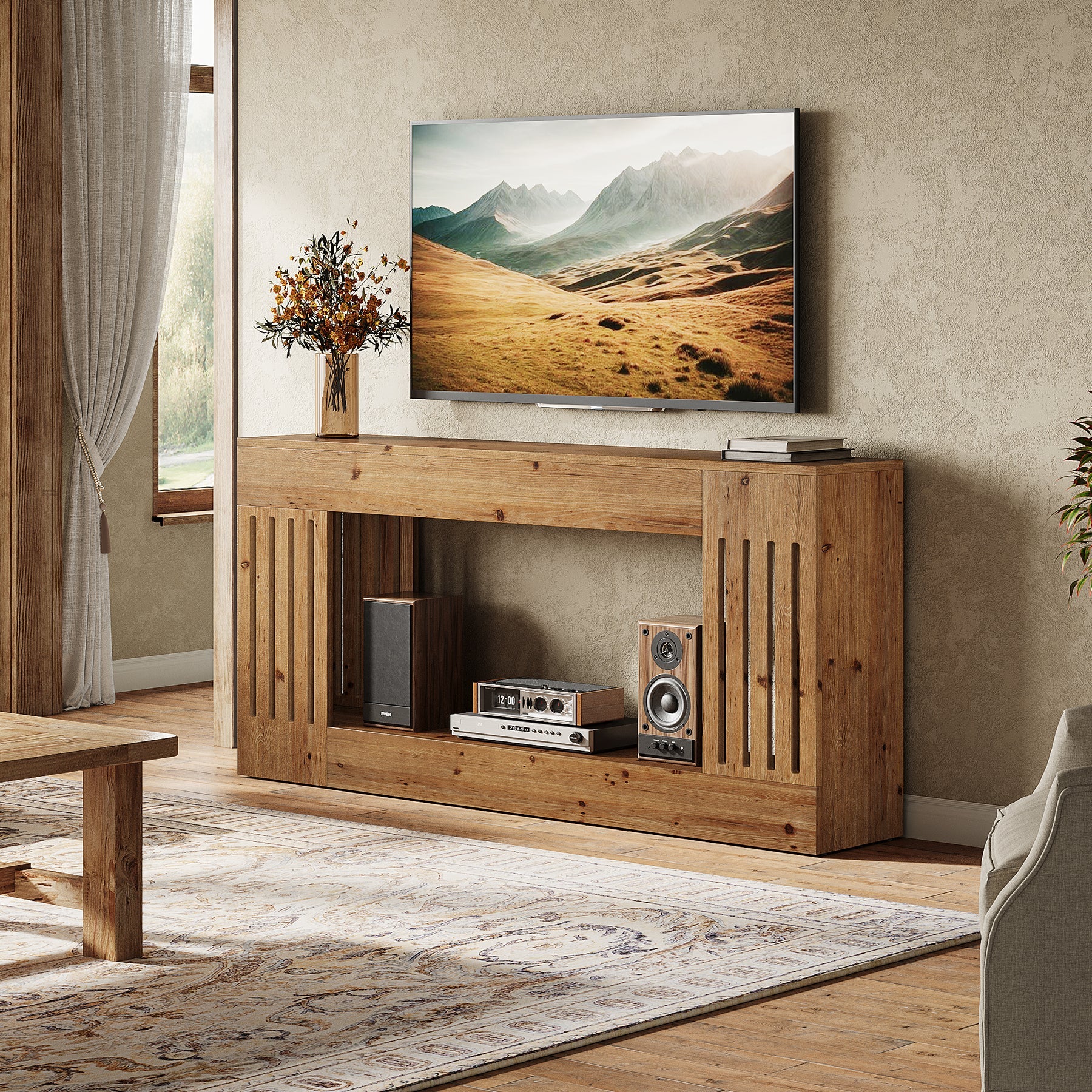 Tribesigns Consola de madera maciza de 160 cm, Mesa de sofá detrás del sofá con compartimento de almacenamiento