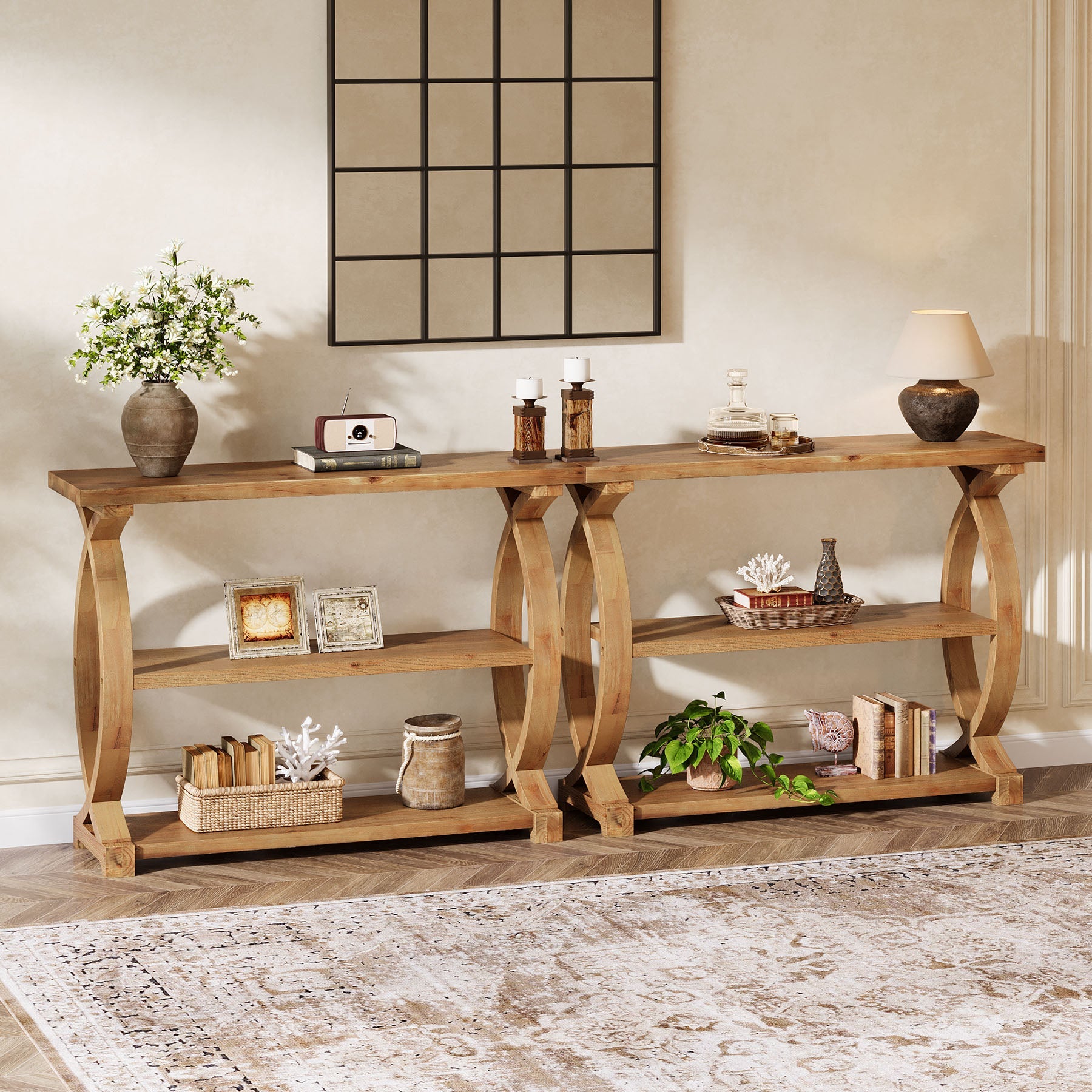 Tribesigns Consola de madera maciza de 105 cm, Mesa de sofá estrecha con 3 estantes y diseño lateral de cola de pez