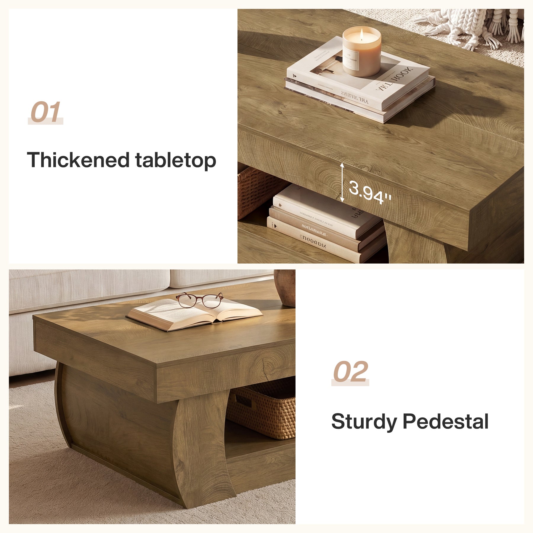 Tribesigns Mesa de centro moderna de 140 cm con estante de almacenamiento abierto, Mesa de salón rectangular con laterales curvos para salón
