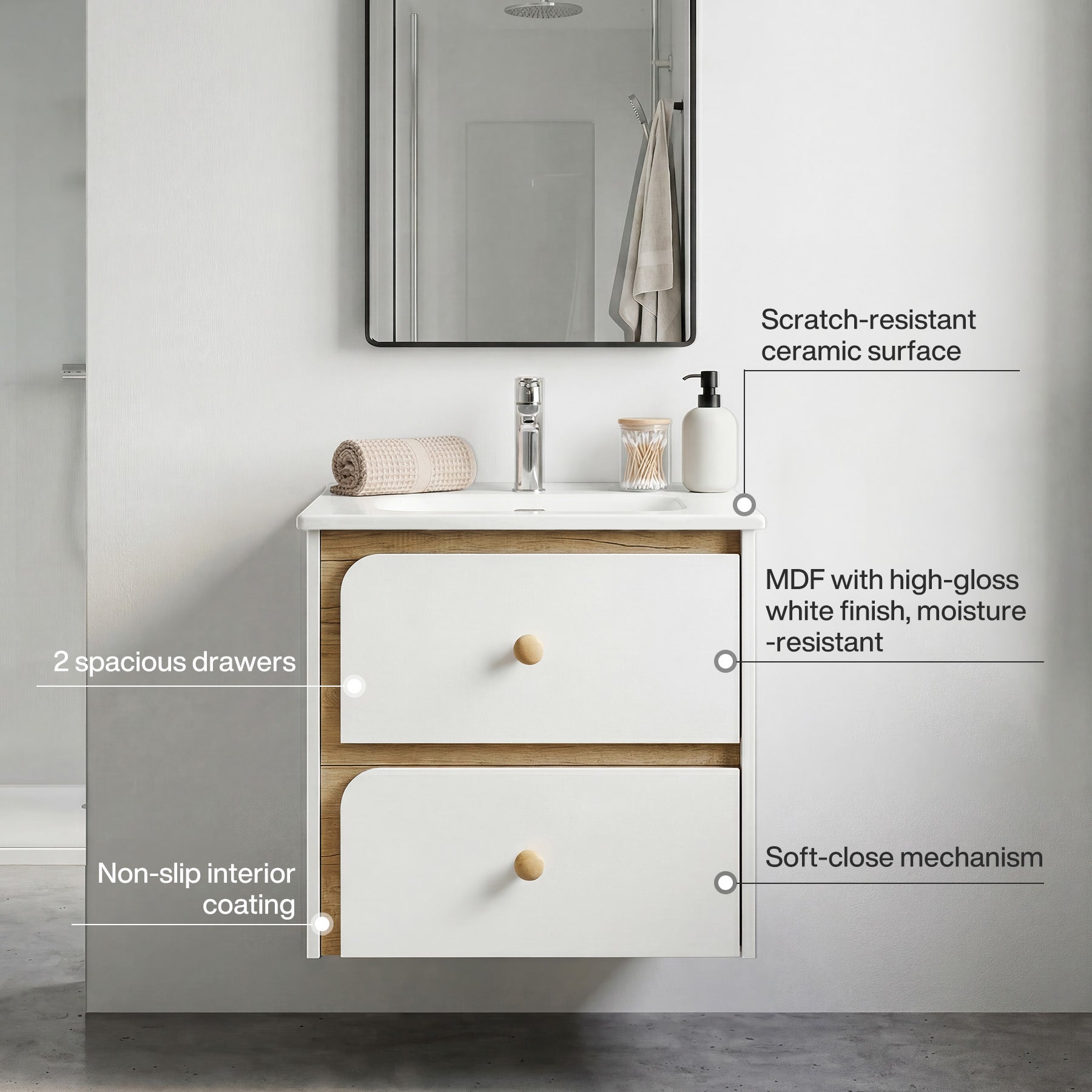 Tribesigns Mueble de baño suspendido con lavabo de cerámica, Mueble de baño moderno suspendido con puerta de cierre suave