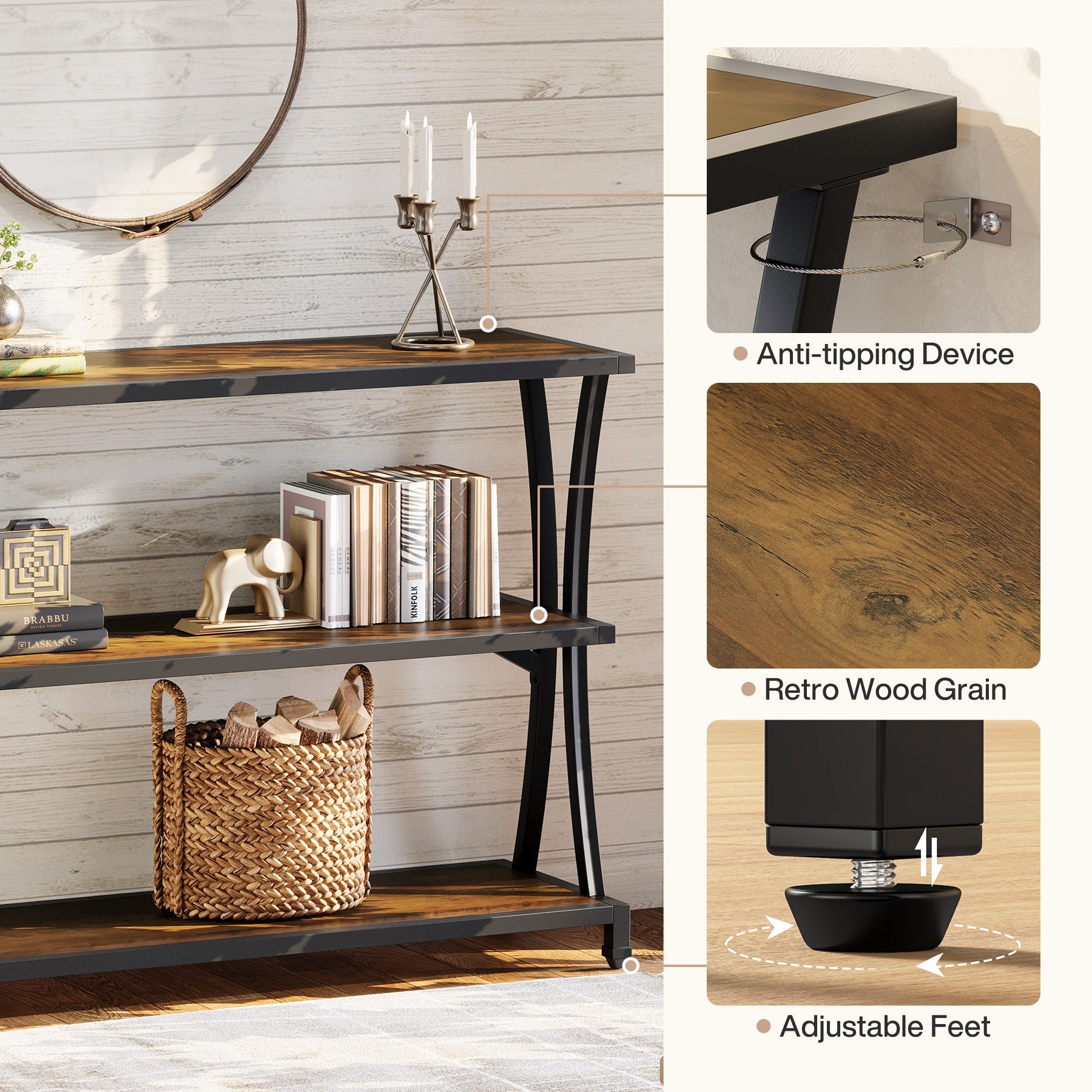 Tribesigns Consola estrecha de estilo industrial con 3 estantes, Mesa de recibidor y de sofá en imitación madera con estructura de metal resistente