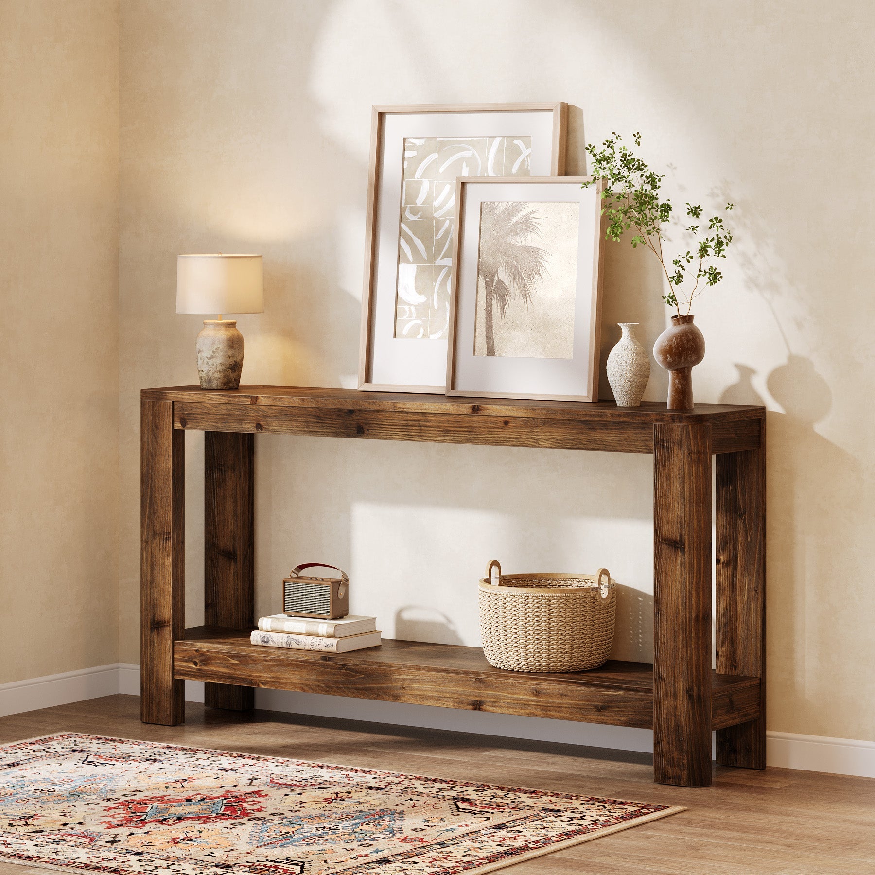 Tribesigns Mesa consola de madera maciza de 160 cm, Mesa auxiliar estrecha de estilo rústico con estante