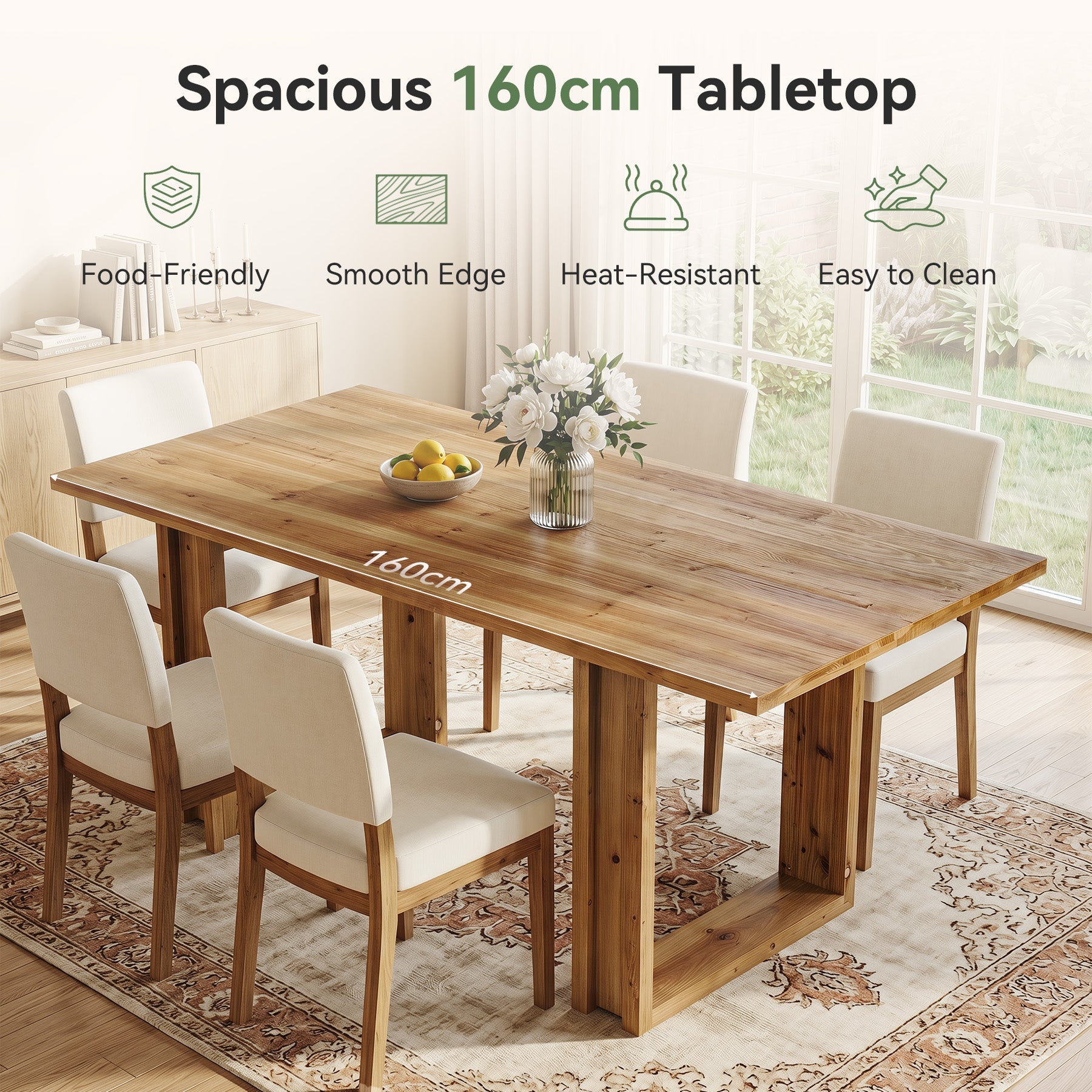 Mesa de comedor de madera maciza de 160 cm para 4-6 personas, Mesa de cocina rectangular de estilo rústico con patas robustas