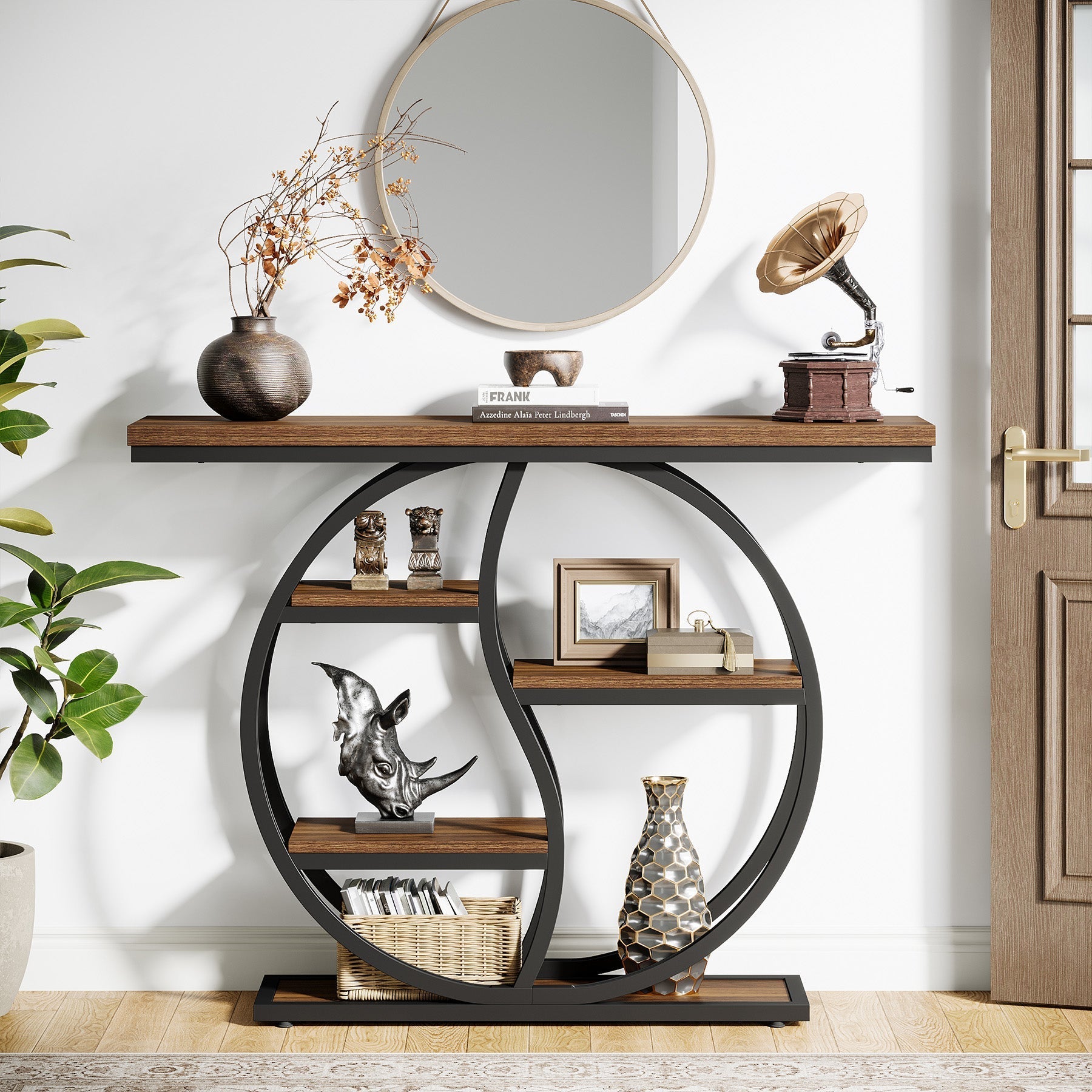 Tribesigns Consola estrecha de 5 niveles de 120 cm con acabado marrón rústico para entrada.