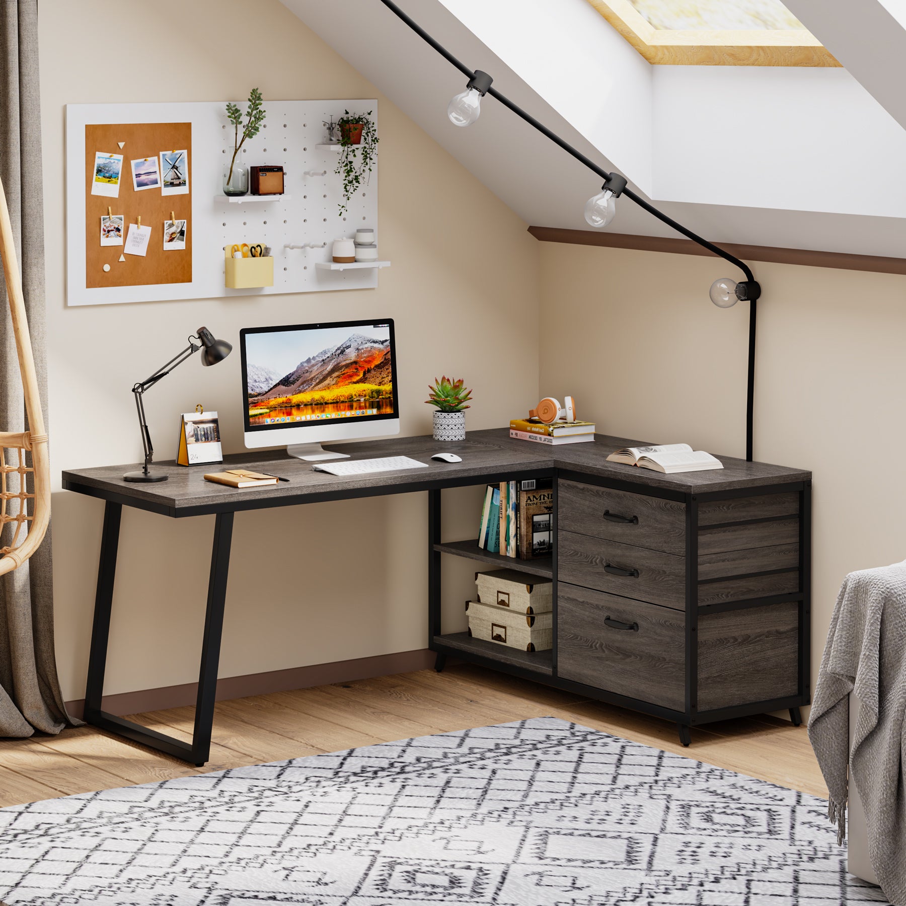 Tribesigns Escritorio para computadora reversible en forma de L con 3 cajones y estantes