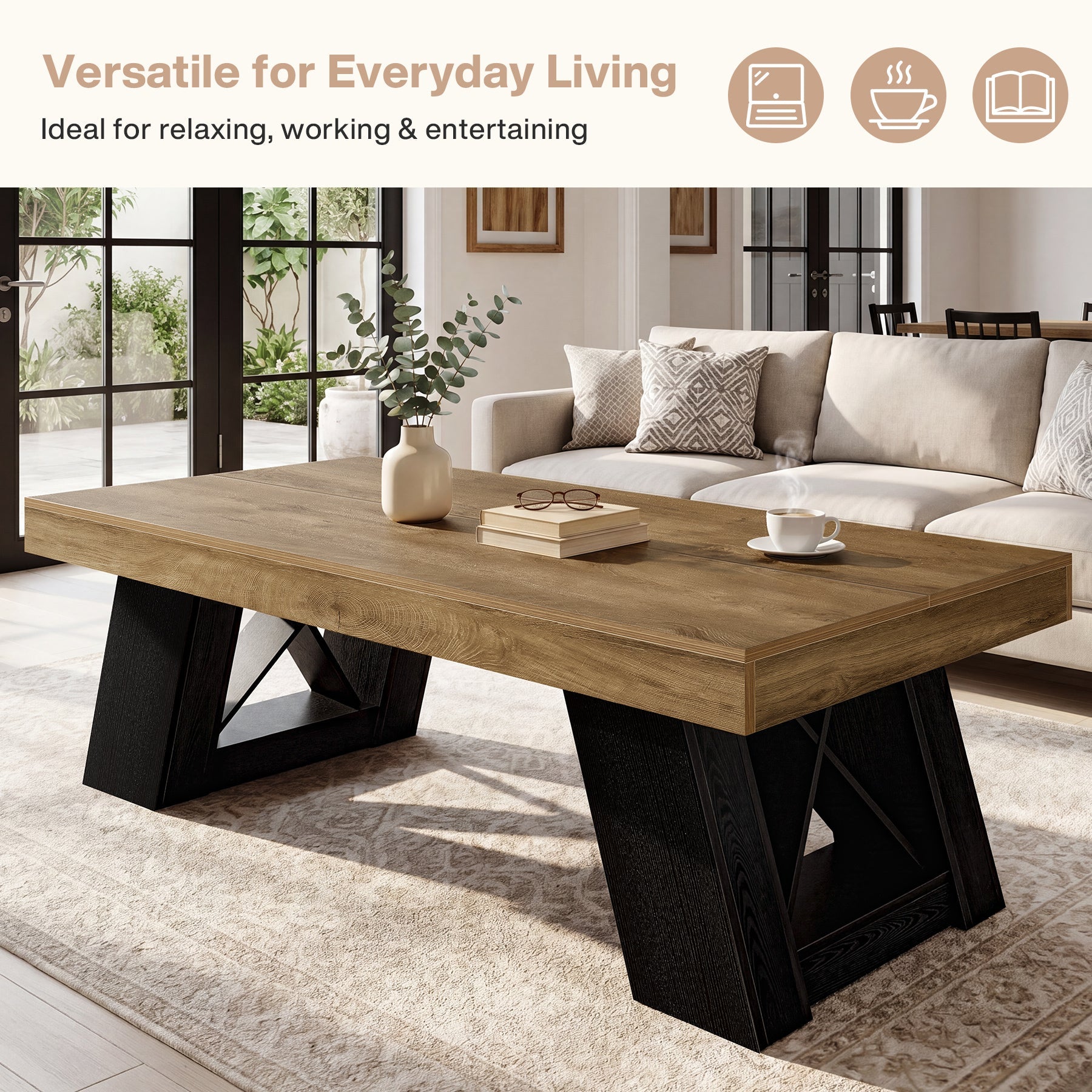 140 cm Tribesigns grote houten salontafel met dik blad en X-vormig onderstel, landelijke rechthoekige middentafel voor woonkamer