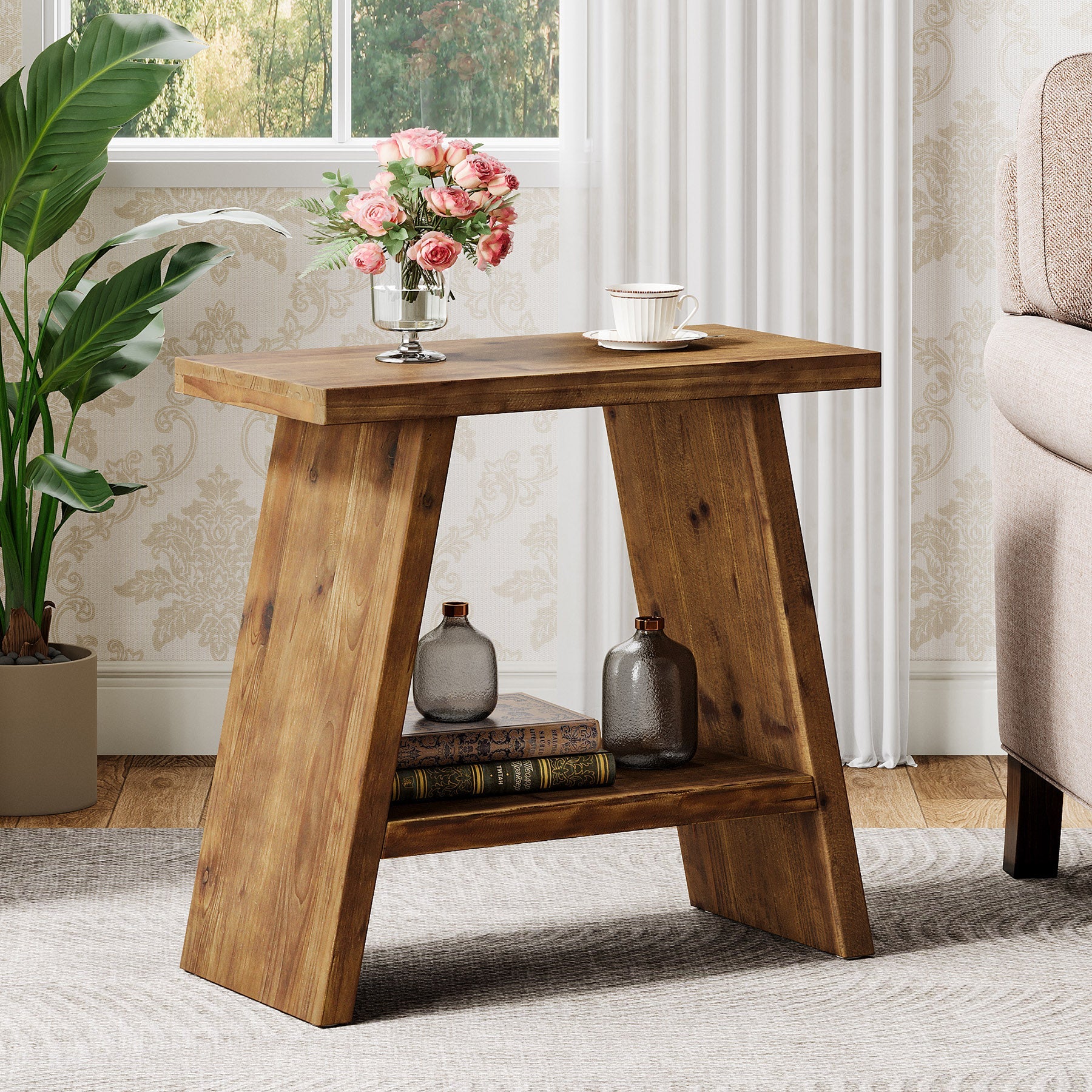 Mesita auxiliar estrecha de madera maciza de 60 x 30 cm con almacenamiento de 2 niveles, Mesita de noche rústica para salón y dormitorio