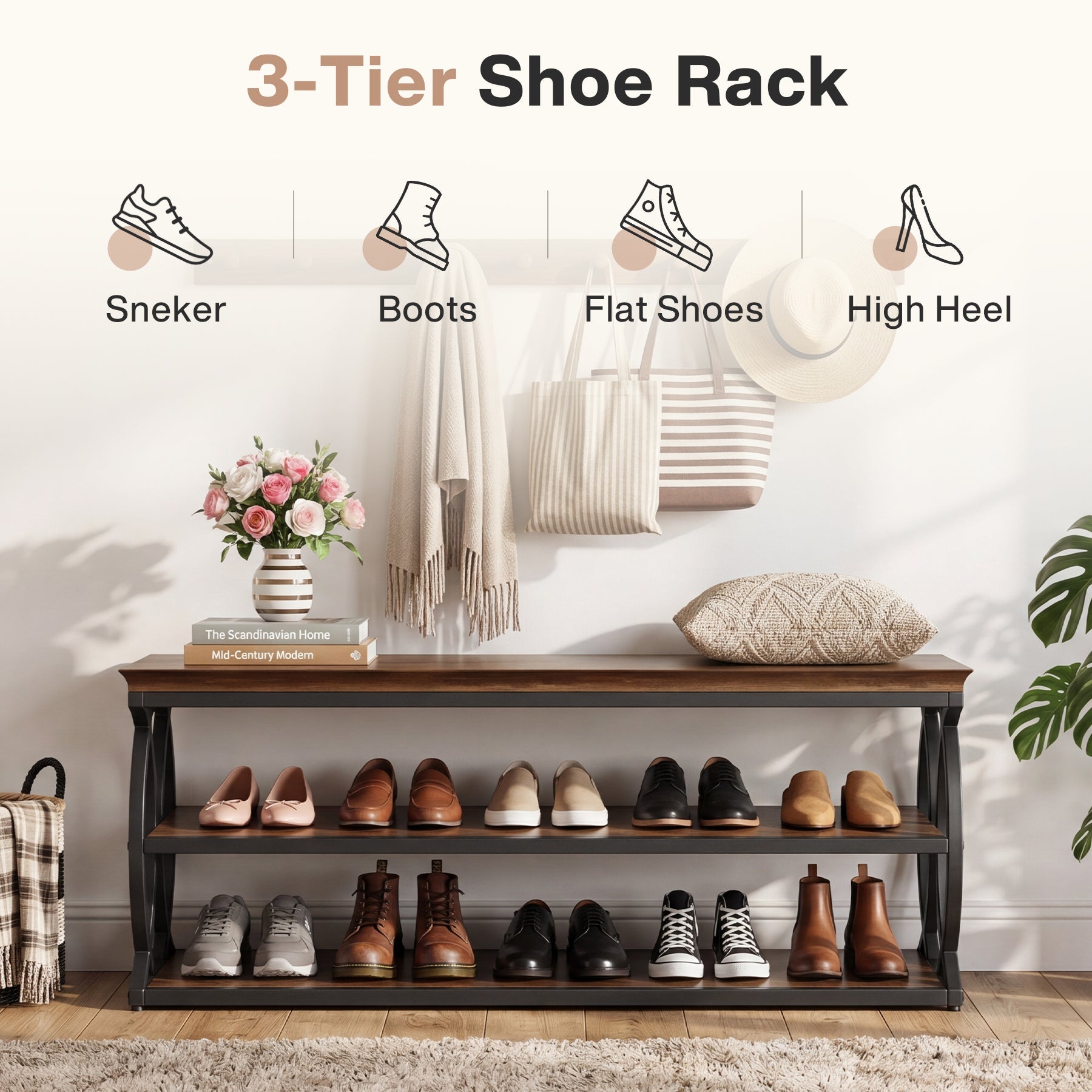 Banco zapatero con espacio de almacenamiento de 120 cm, Zapatero de 3 niveles de estilo rústico industrial con asiento