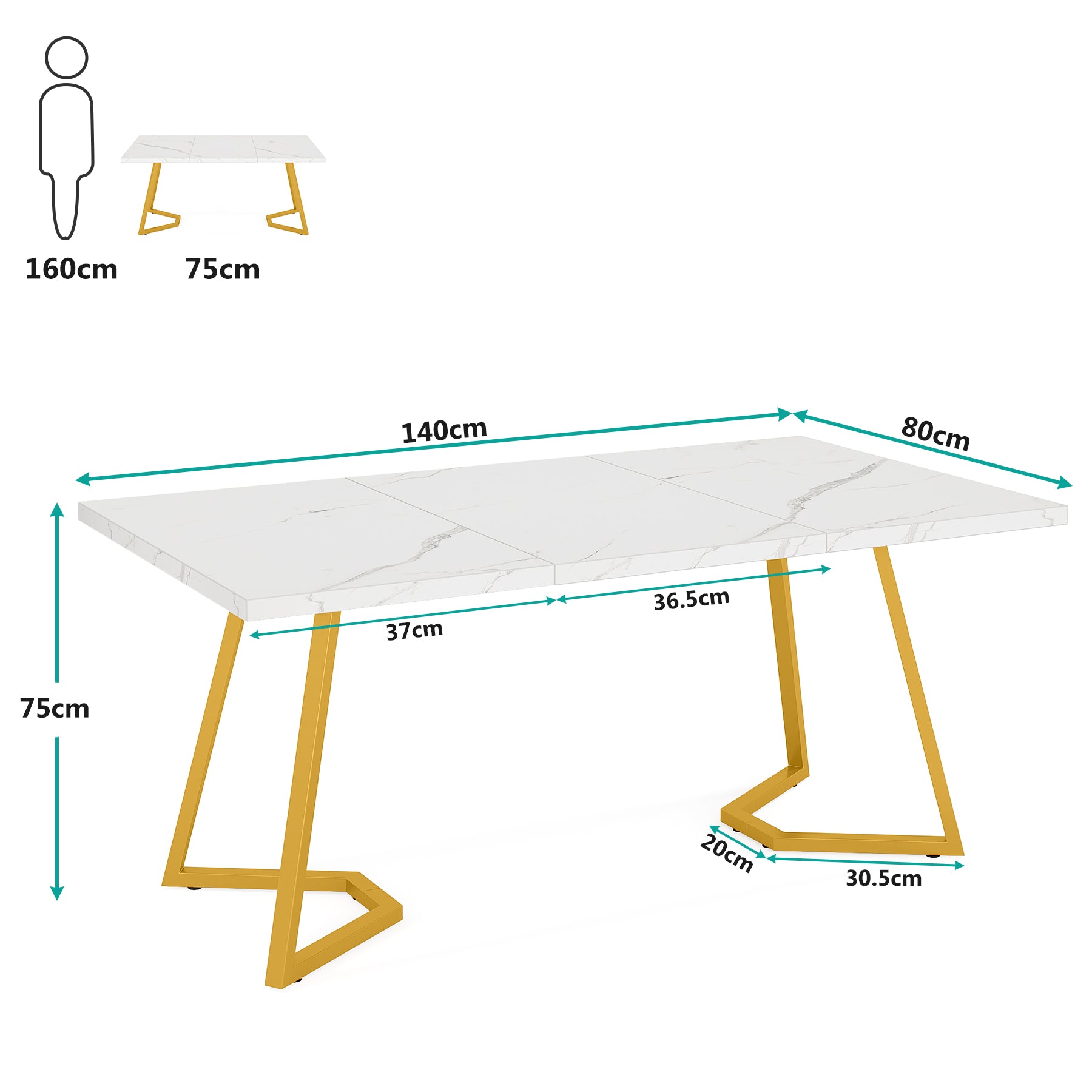 Tribesigns Mesa de Comedor Moderna, Mesa de Cocina de 140 cm con Patas de Metal Dorado para 6 Personas