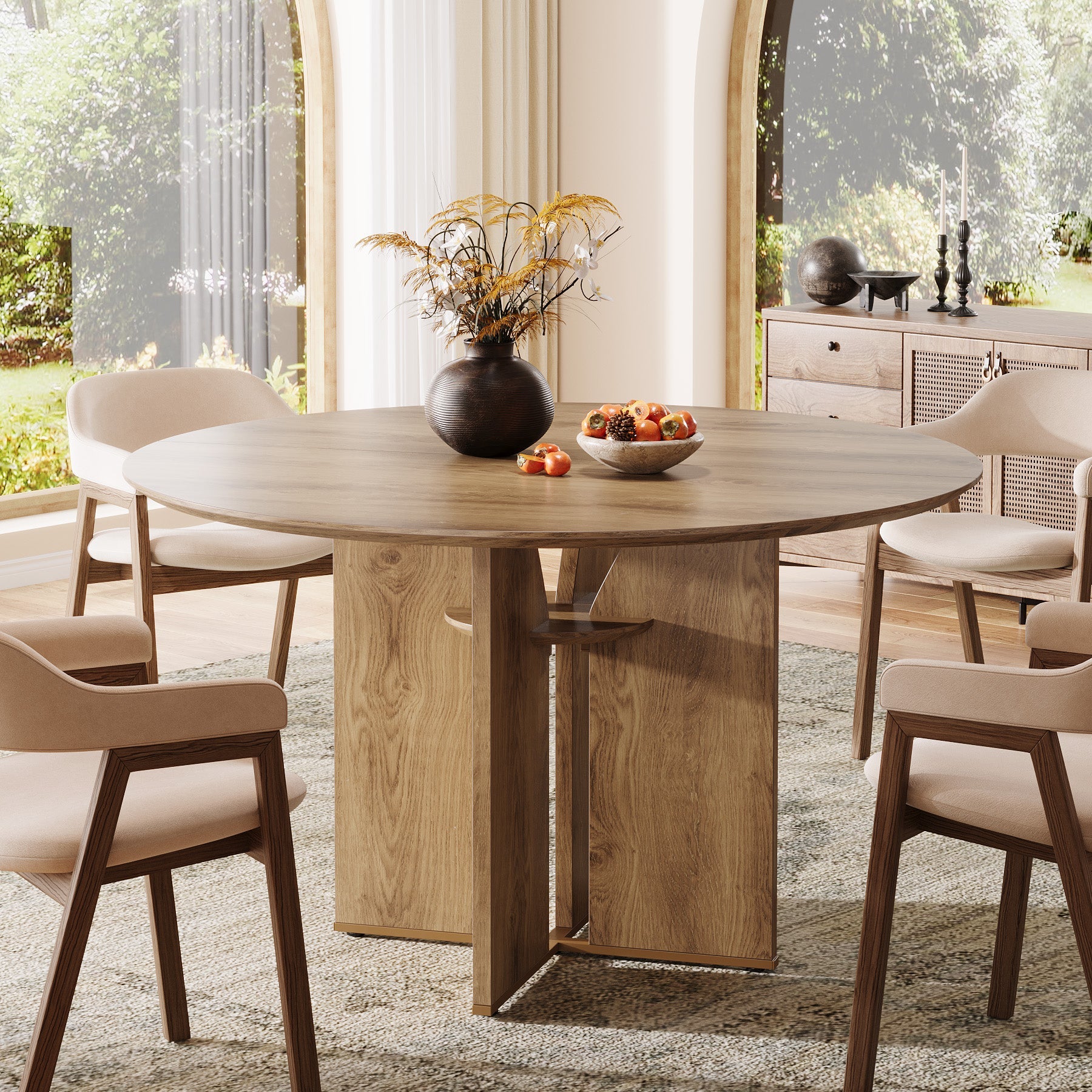 Tribesigns Mesa de comedor redonda de 100 cm, Mesa de cocina para 2-4 personas con estante y estructura en forma de X