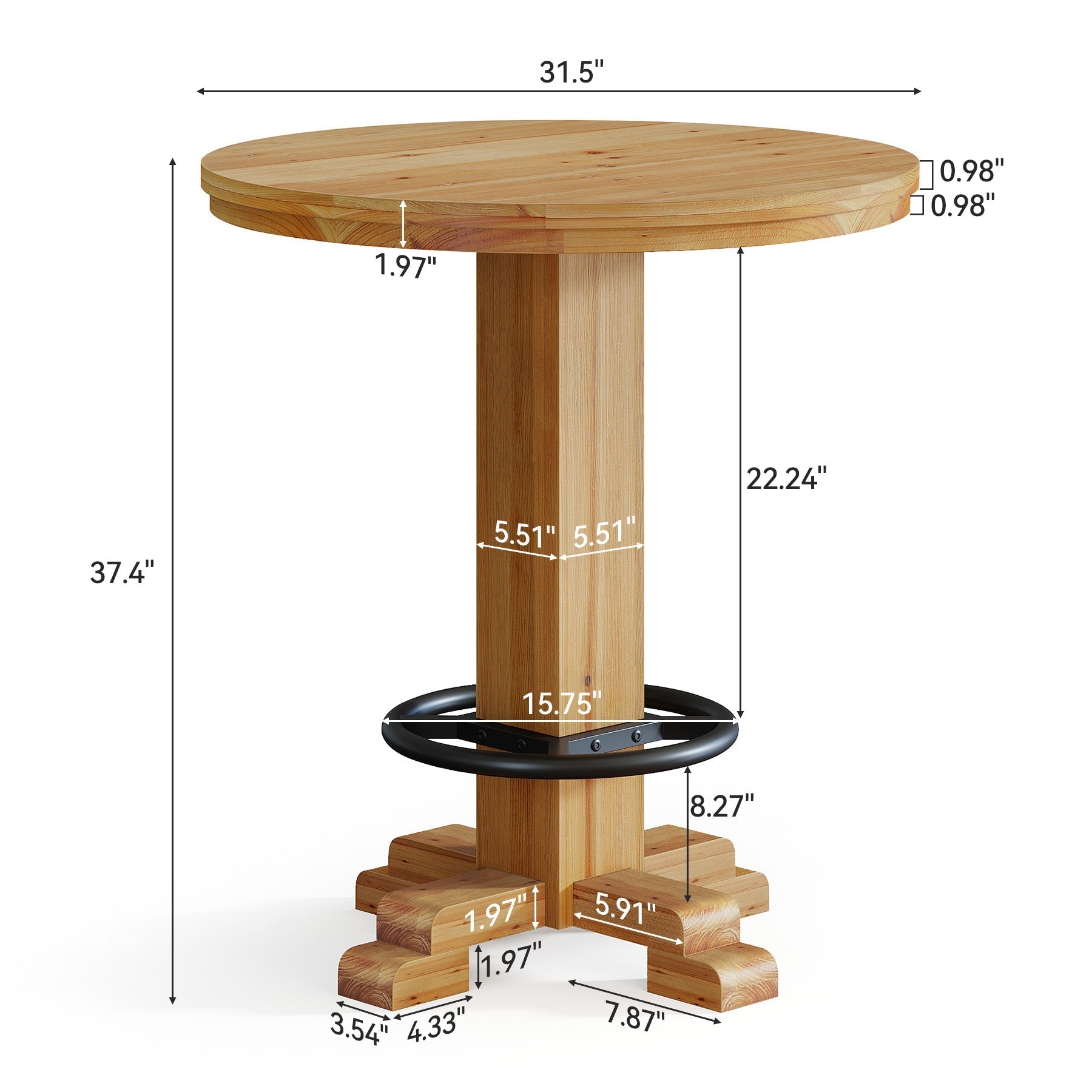 Mesa redonda de bar de madera maciza, Mesa de bistró de 95 cm de altura con reposapiés de metal