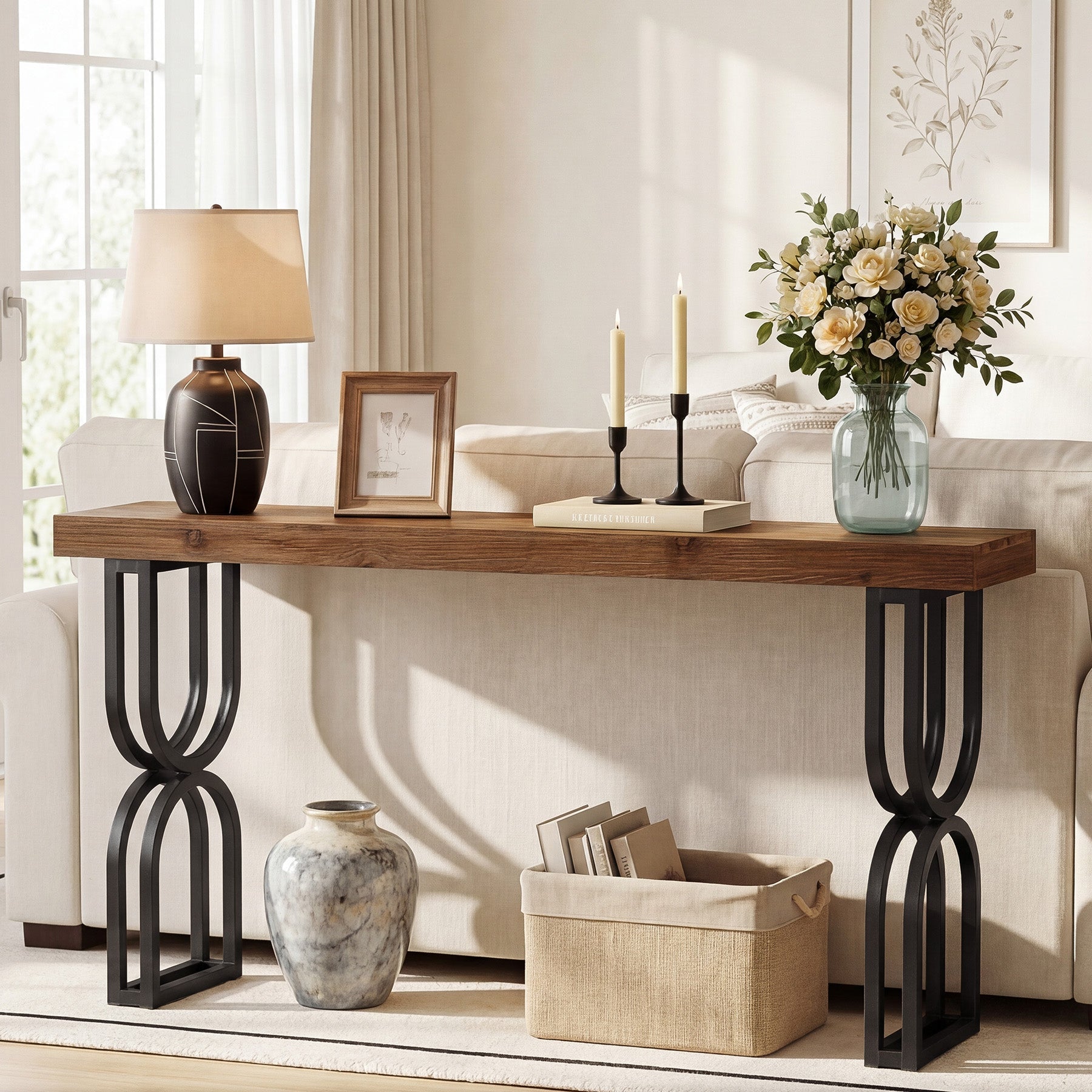 Tribesigns Mesa consola de madera maciza de 150 cm con patas metálicas en forma de U para recibidor