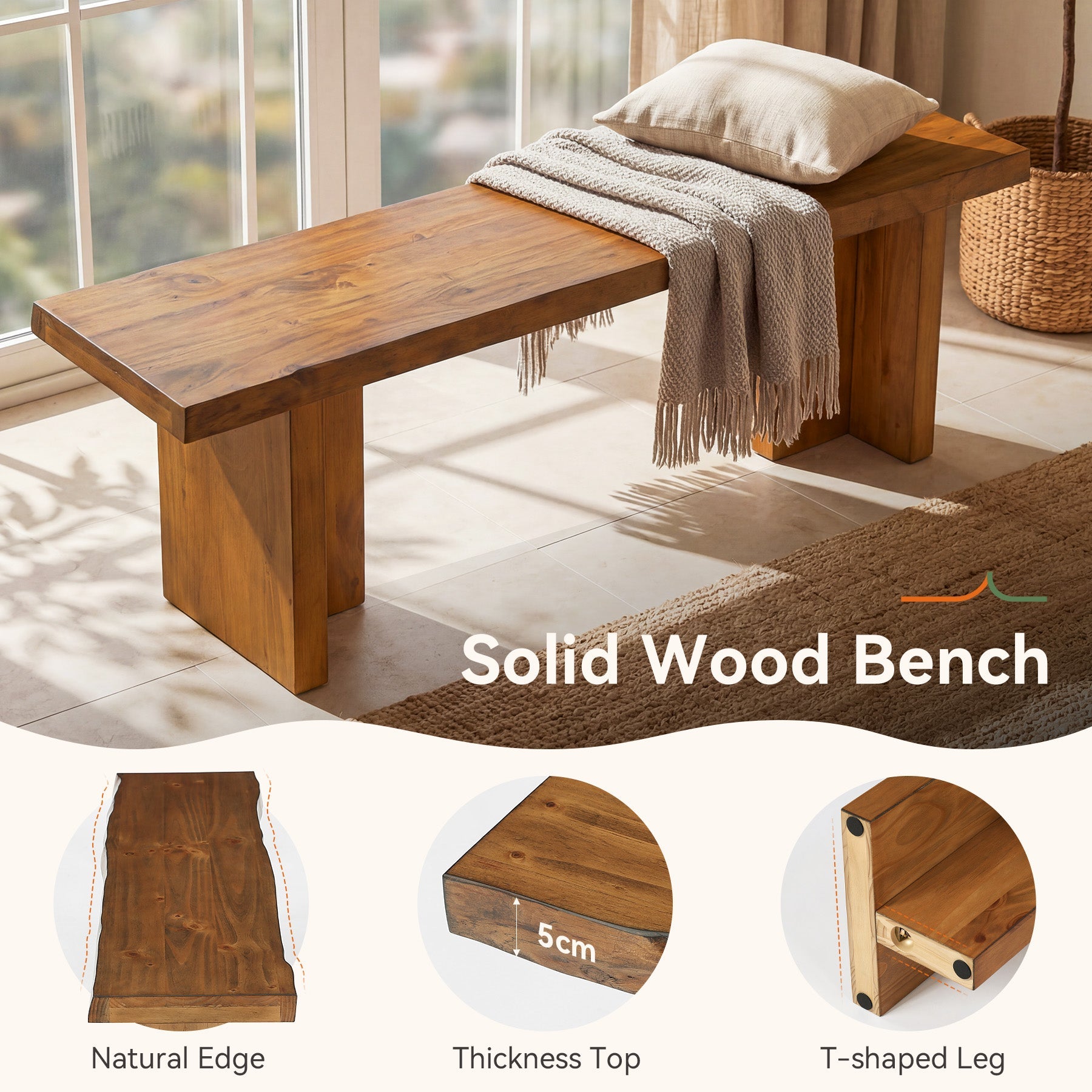Tribesigns Banco de madera maciza de 140 cm, Banco para zapatos para el recibidor Banco de madera para 2-3 personas