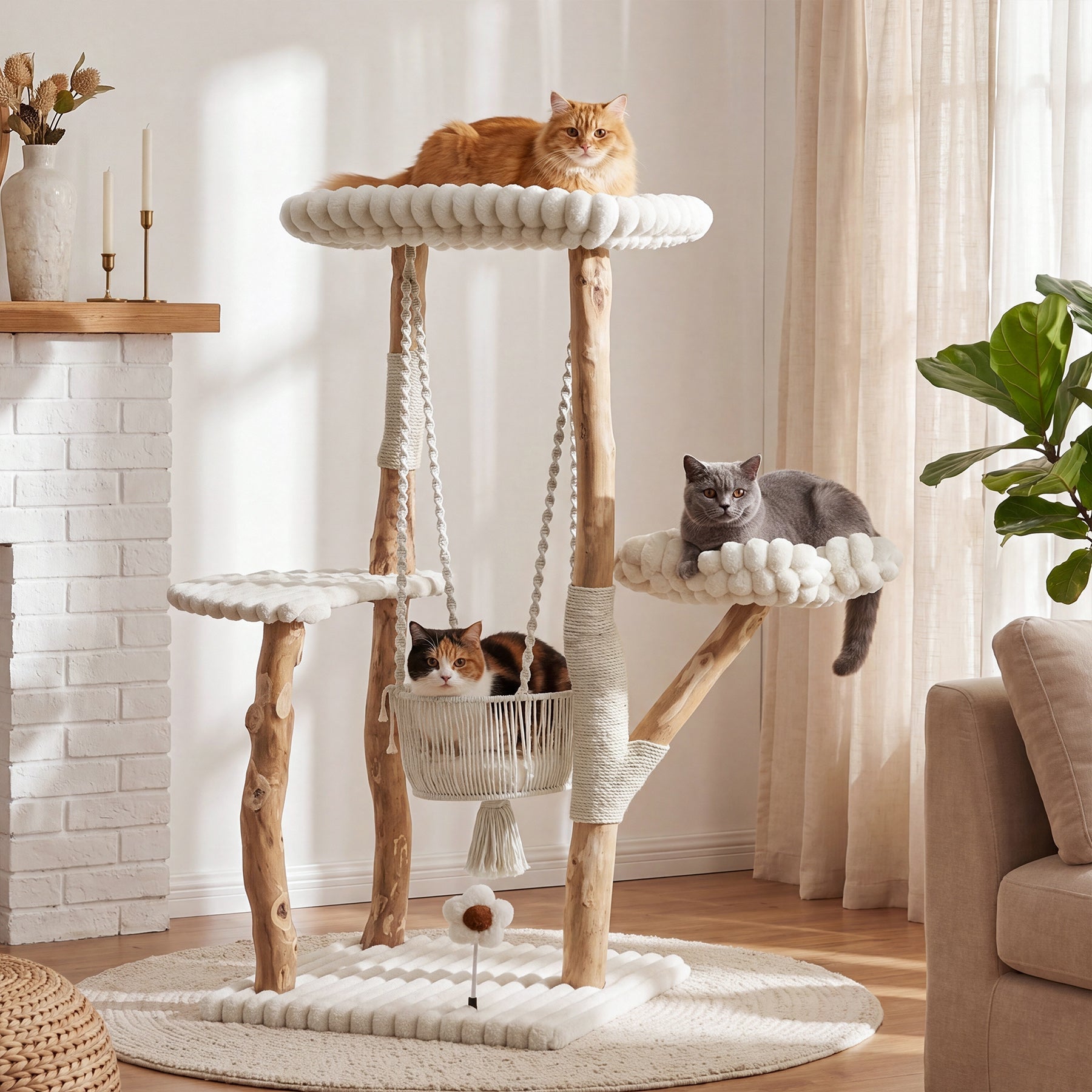 Tribesigns Árbol rascador para gatos de madera maciza, Poste rascador de 130 cm con hamaca, zonas de descanso y cojines lavables