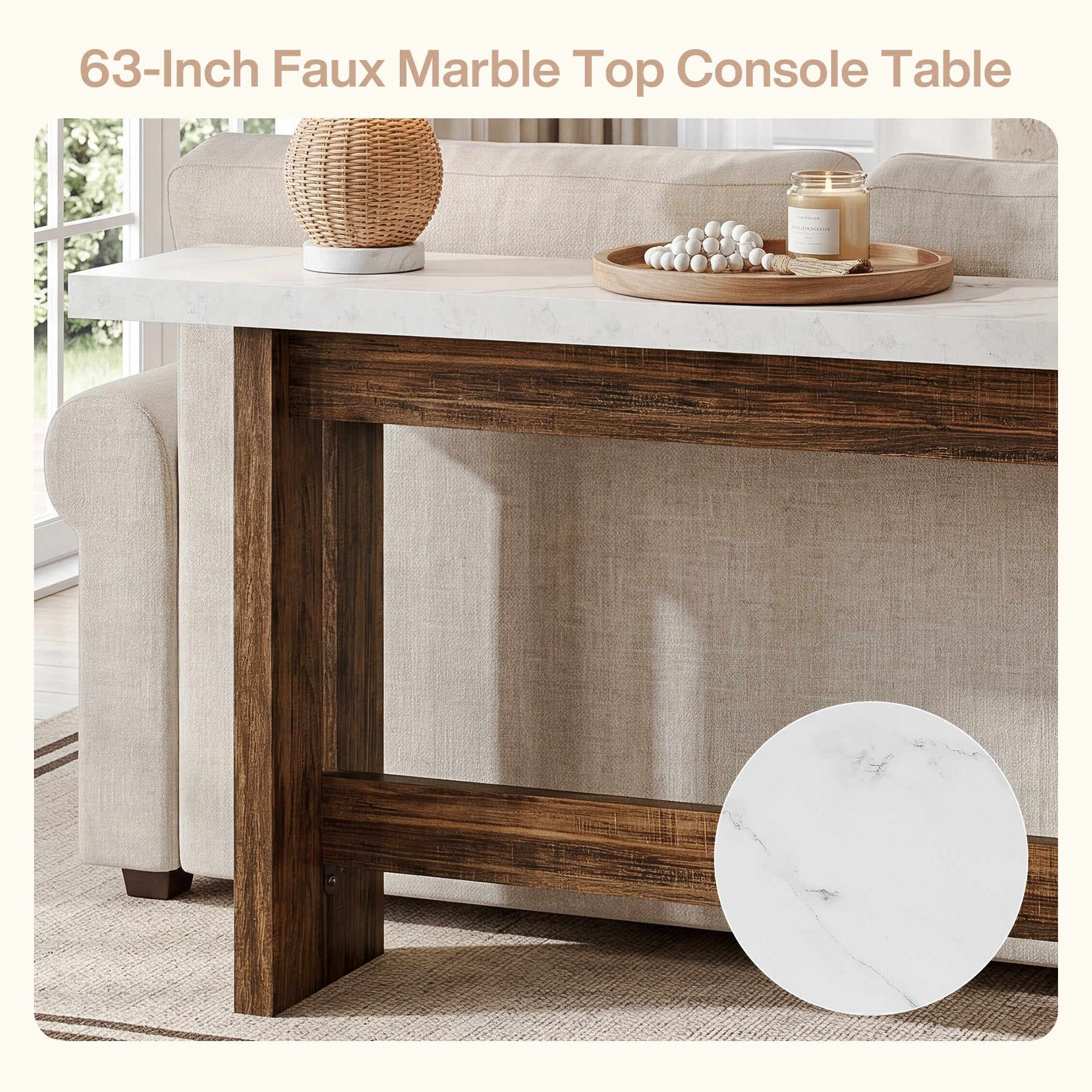 Tribesigns Consola de estilo rústico de 160 cm con tablero de aspecto mármol, Mesa auxiliar estrecha para recibidor y sala de estar