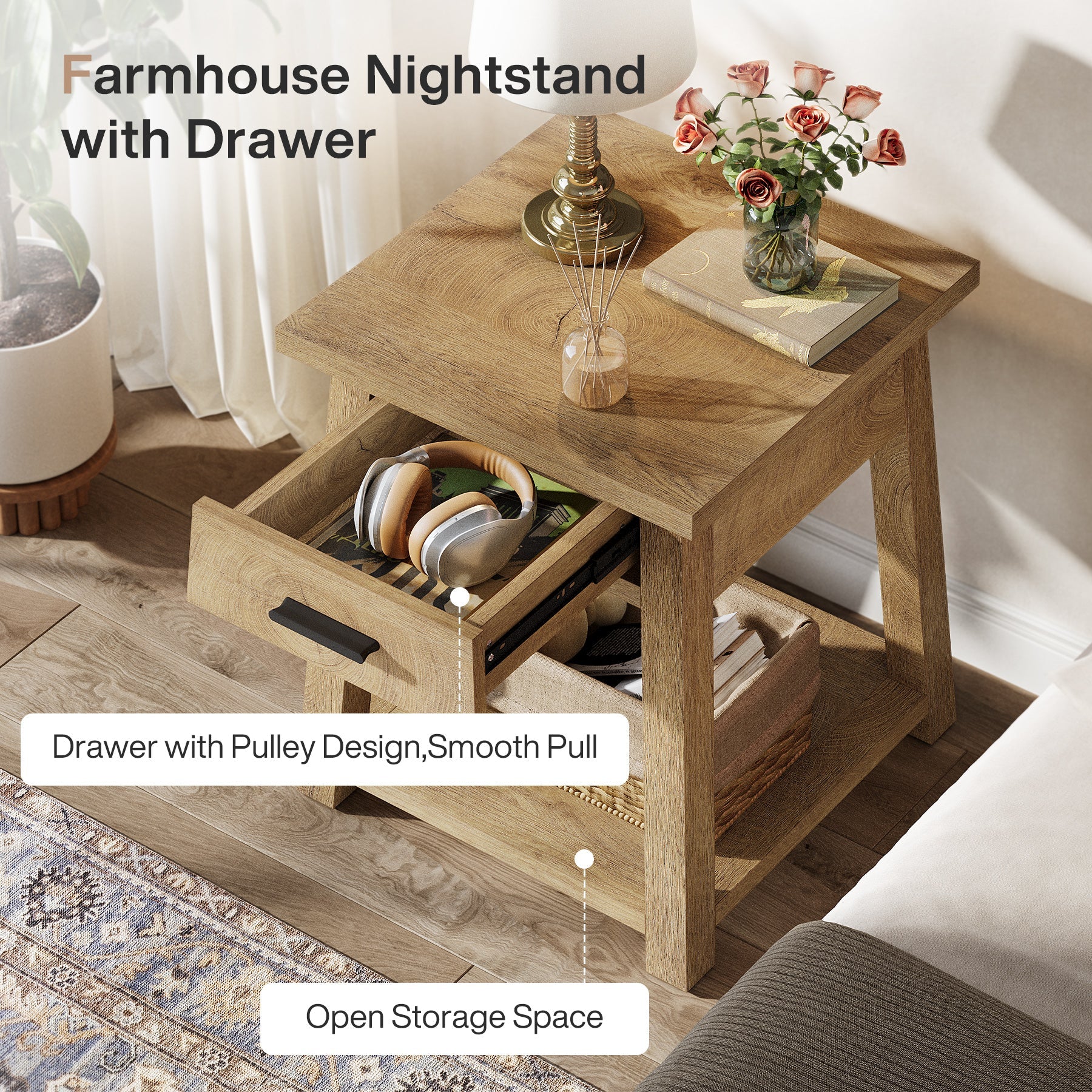 Mesita de noche con cajón y estante, Mesa auxiliar de estilo rústico para dormitorio y sala de estar