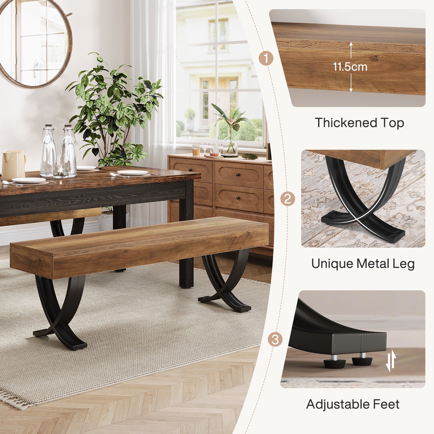 Tribesigns Banco de comedor rústico de 140 cm con tablero de aspecto de madera y patas metálicas en forma de X, Banco de cocina largo para comedor y pasillo