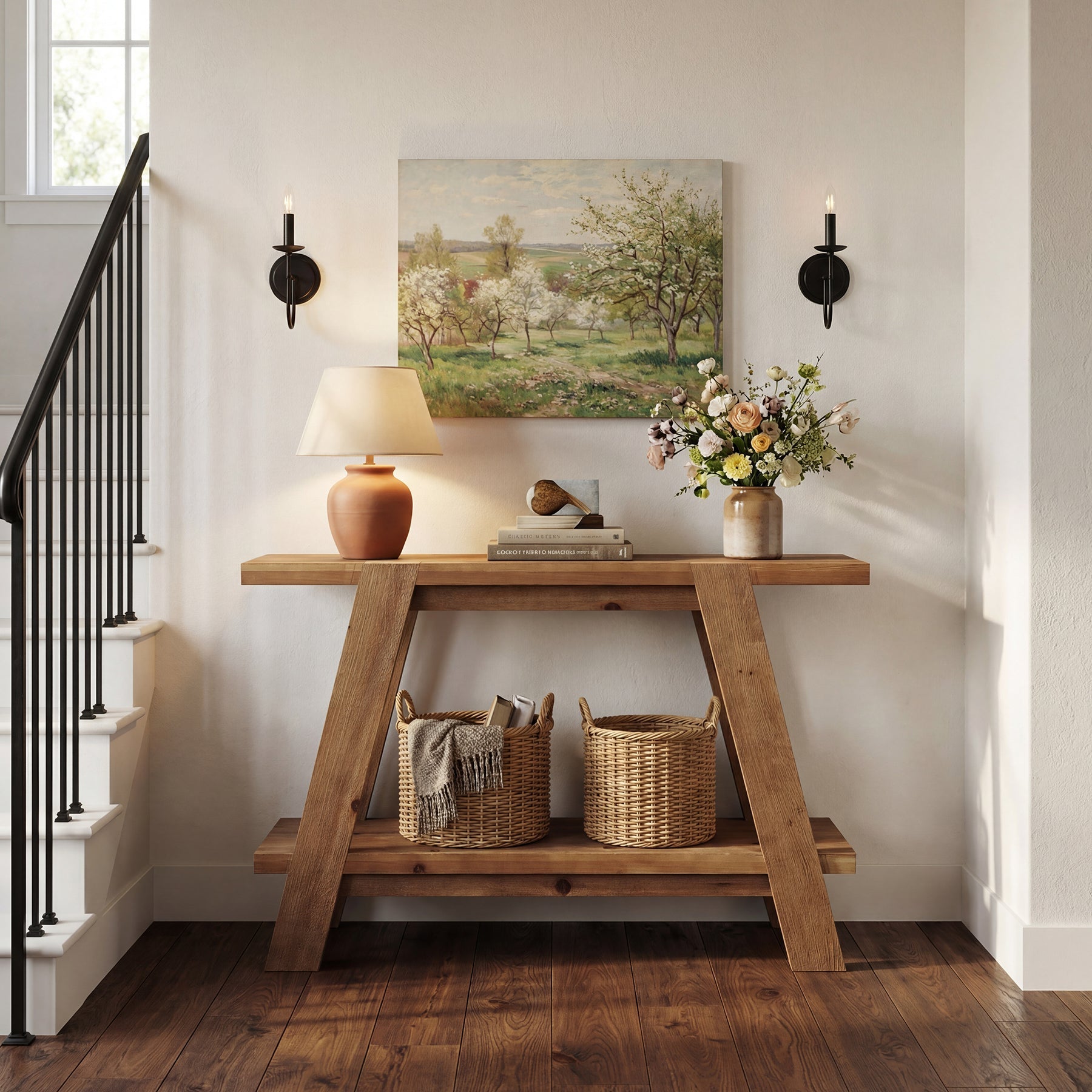 Tribesigns Consola estrecha de madera maciza de 110 cm de estilo rústico, Mesa de centro con 2 estantes