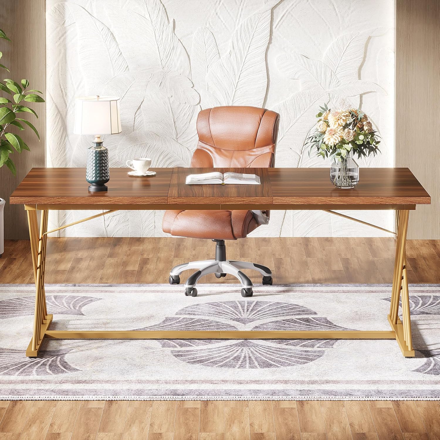 Tribesigns Escritorio de trabajo, mesa de ordenador moderna con estructura de metal dorado