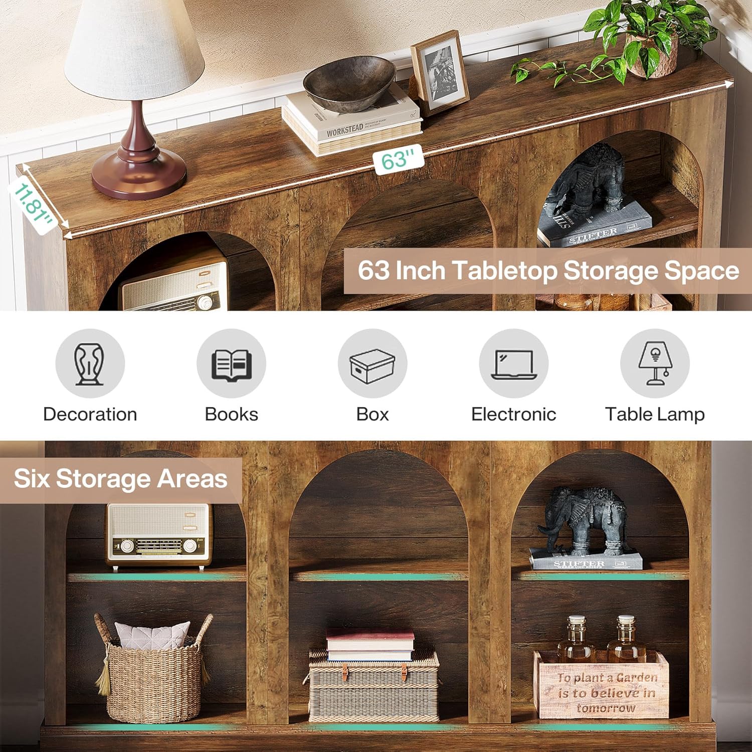 Tribesigns Mesa de entrada larga estilo granja de 160 cm con almacenamiento de 3 niveles