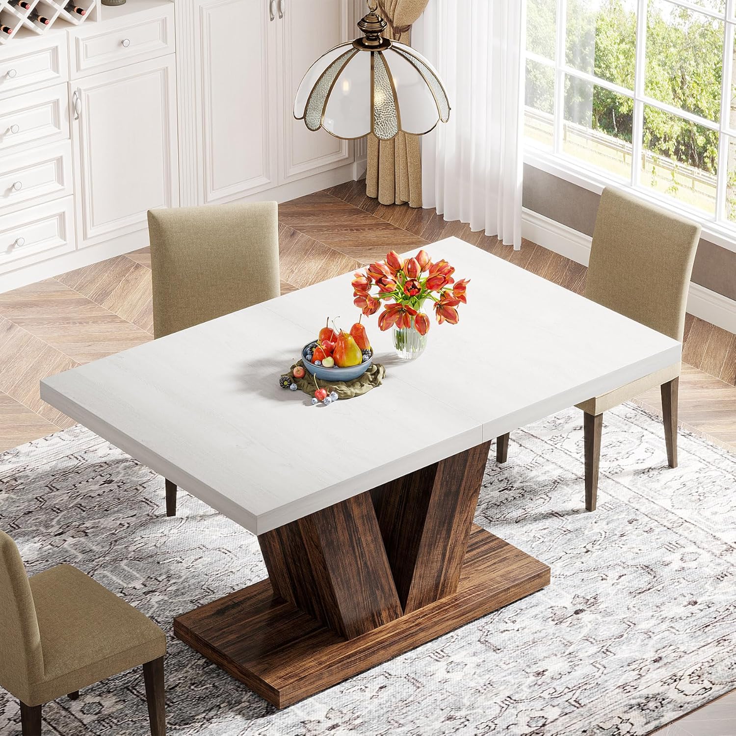 Tribesigns Mesa de comedor rústica, Mesa de cocina de madera blanca estilo granja