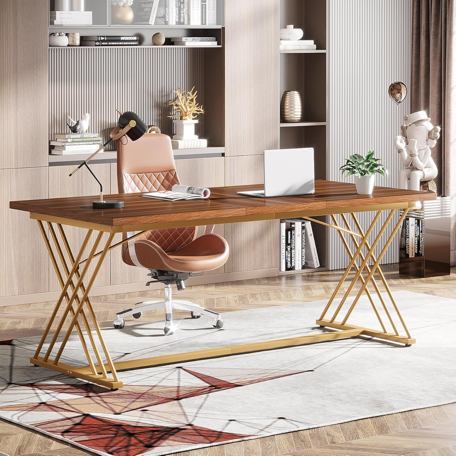 Tribesigns Escritorio de trabajo, mesa de ordenador moderna con estructura de metal dorado