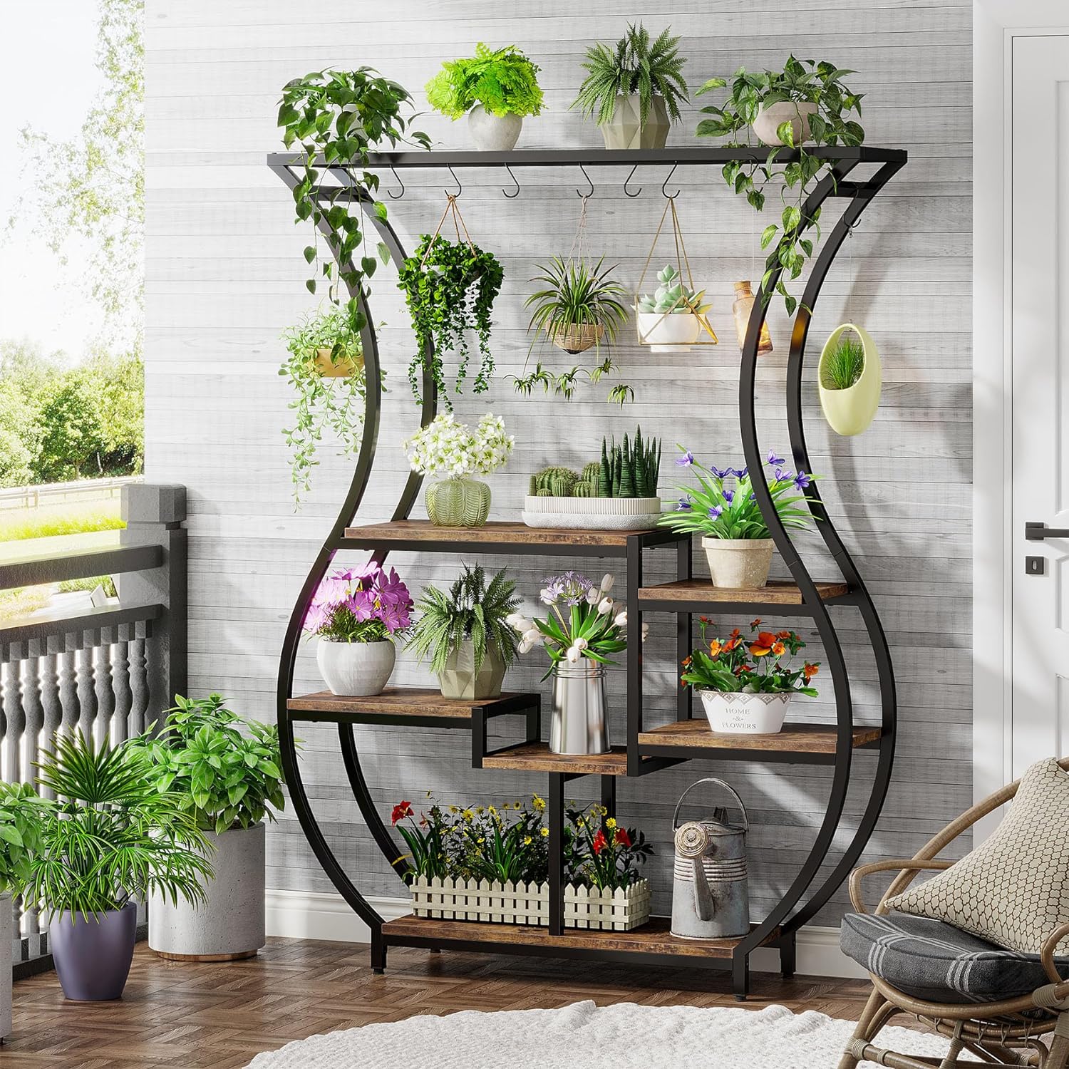 Tribesigns Estante para plantas de 6 niveles, Estante para plantas con 10 ganchos para colgar