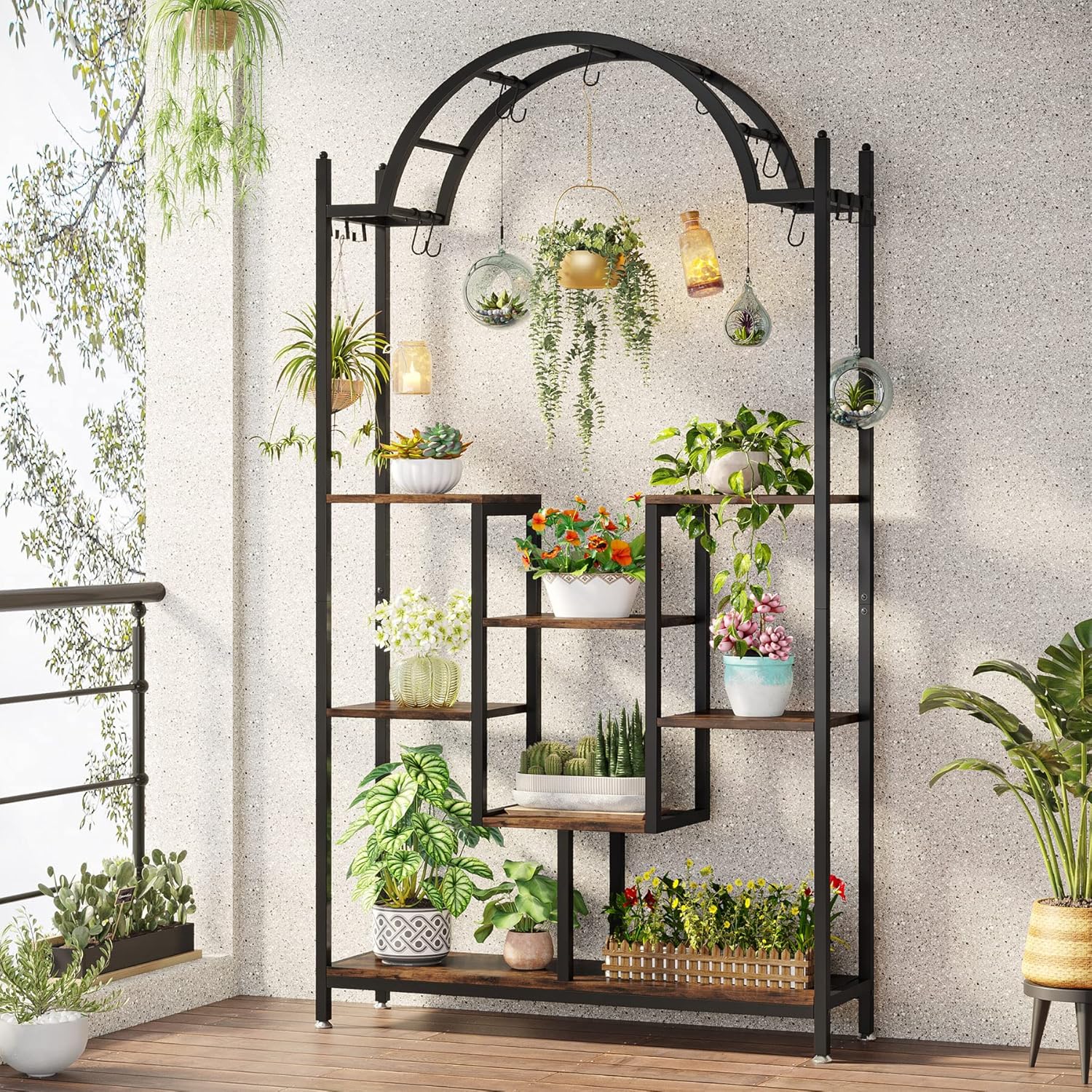 Tribesigns Soporte para plantas de interior de 5 niveles, Estante de metal para plantas con 8 ganchos en forma de S