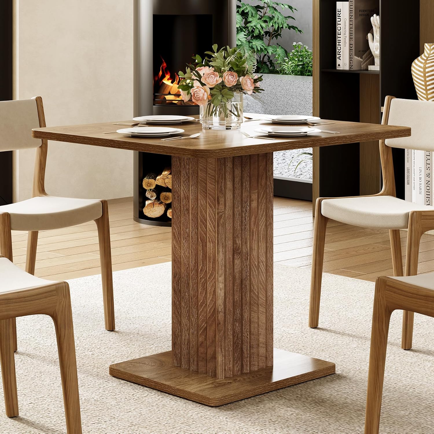 Mesa de comedor compacta de 90x80 cm para 4 personas con base robusta de estilo rústico para cocina y salón