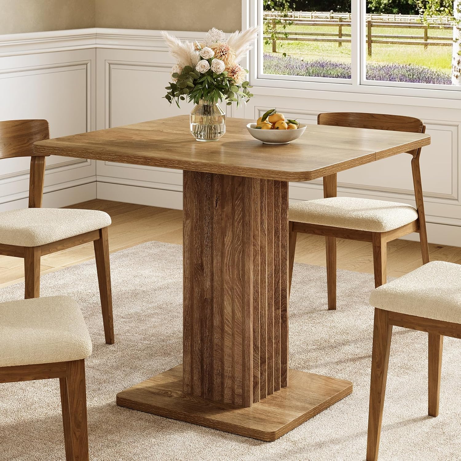 Mesa de comedor compacta de 90x80 cm para 4 personas con base robusta de estilo rústico para cocina y salón