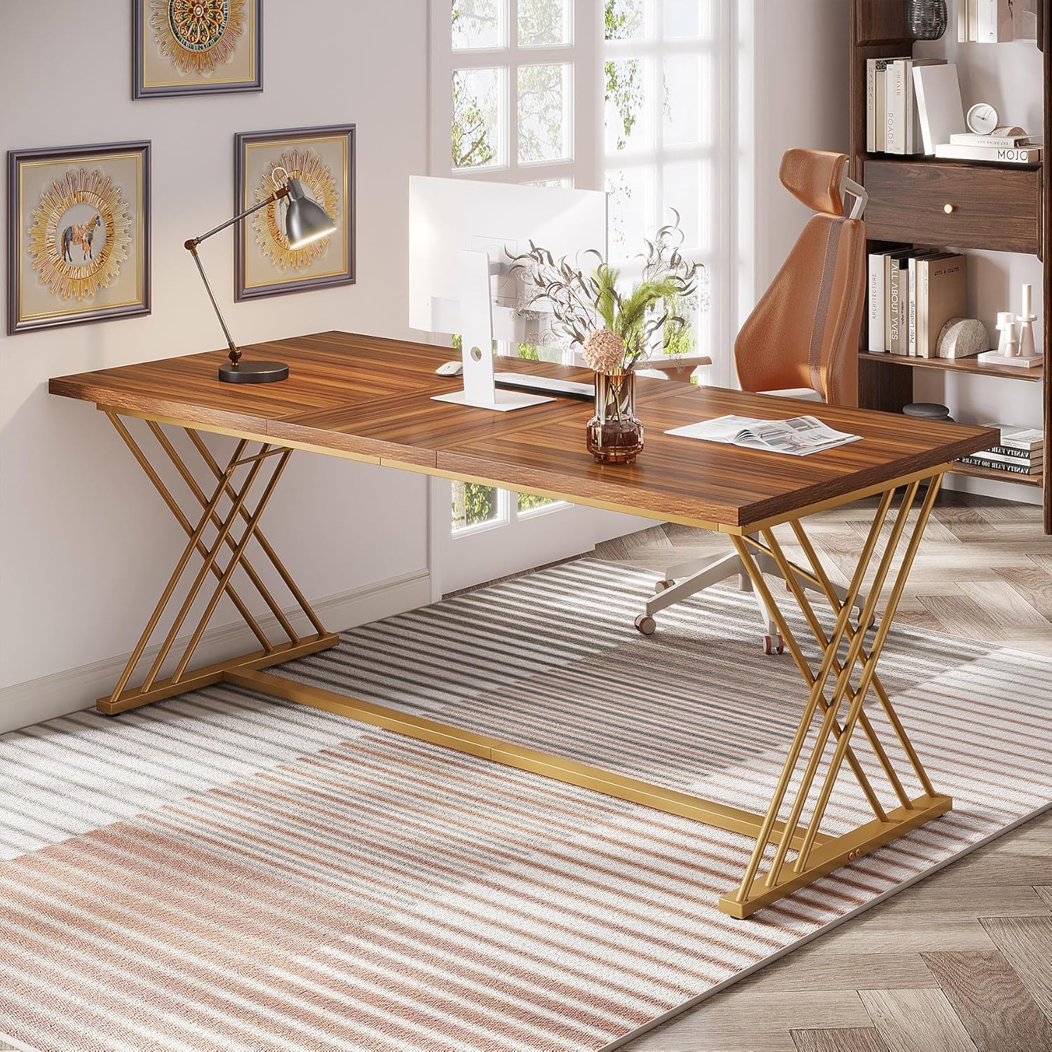 Tribesigns Escritorio de trabajo, mesa de ordenador moderna con estructura de metal dorado