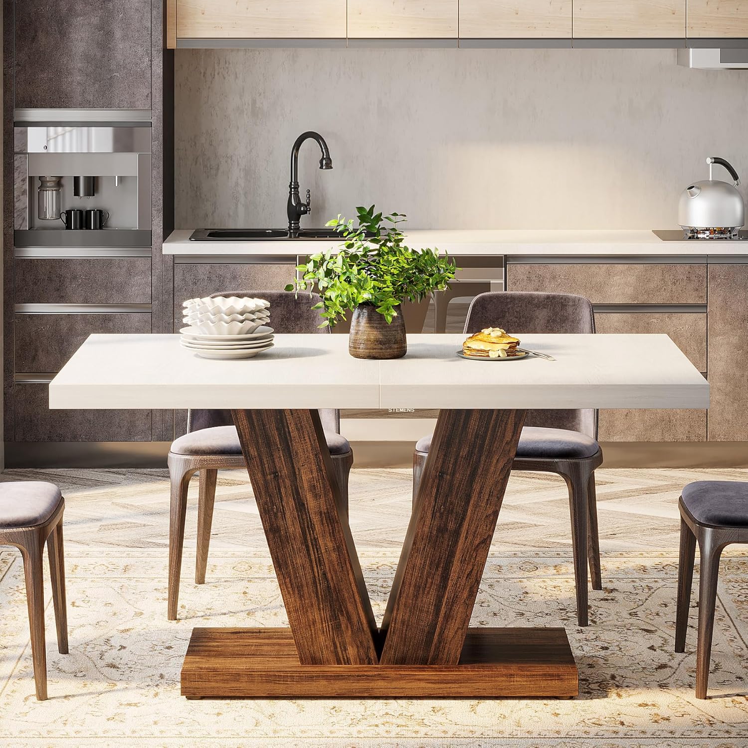 Tribesigns Mesa de comedor rústica, Mesa de cocina de madera blanca estilo granja