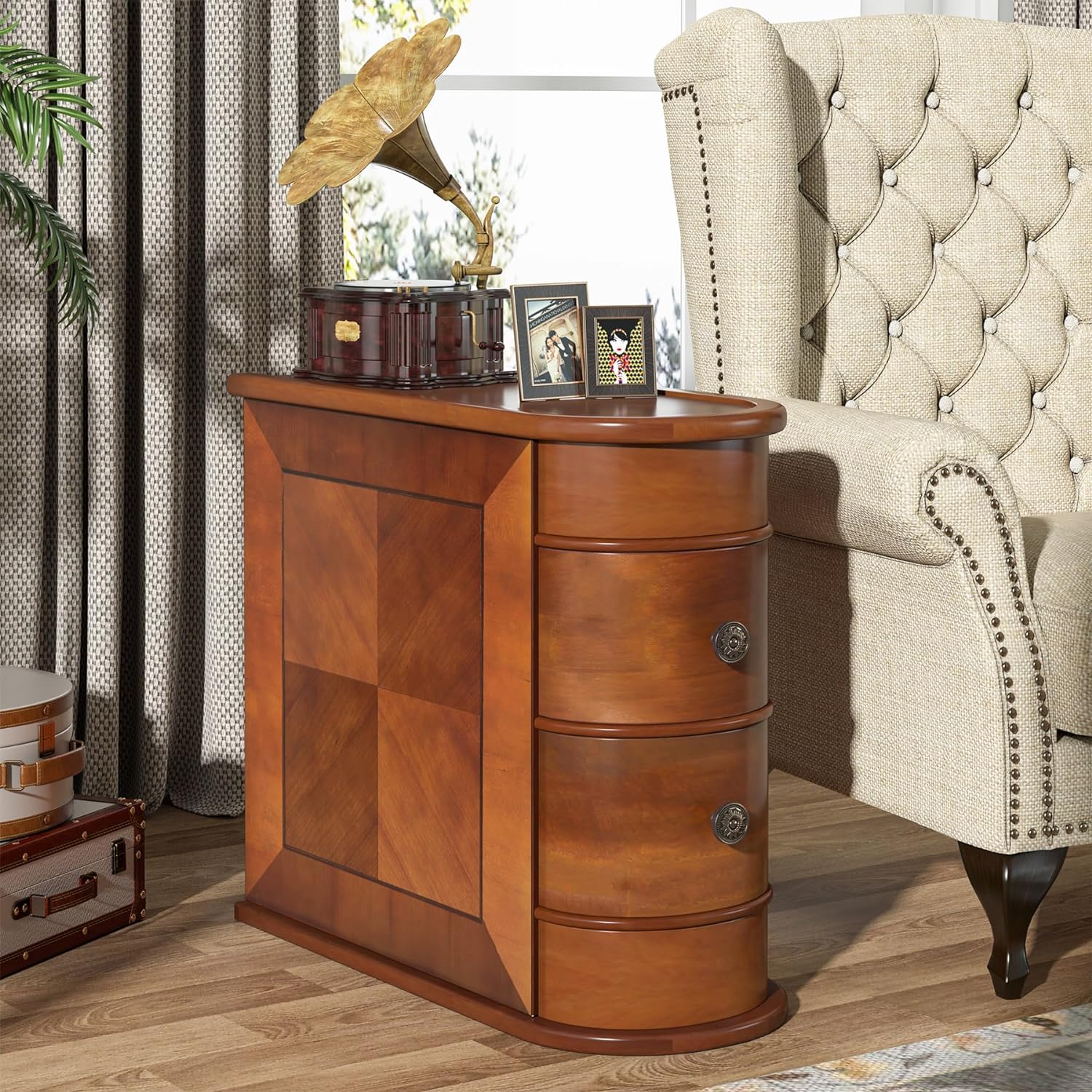 Tribesigns Mesa Auxiliar de Madera, 2 Cajones, Mesa Auxiliar Sofa Sólida