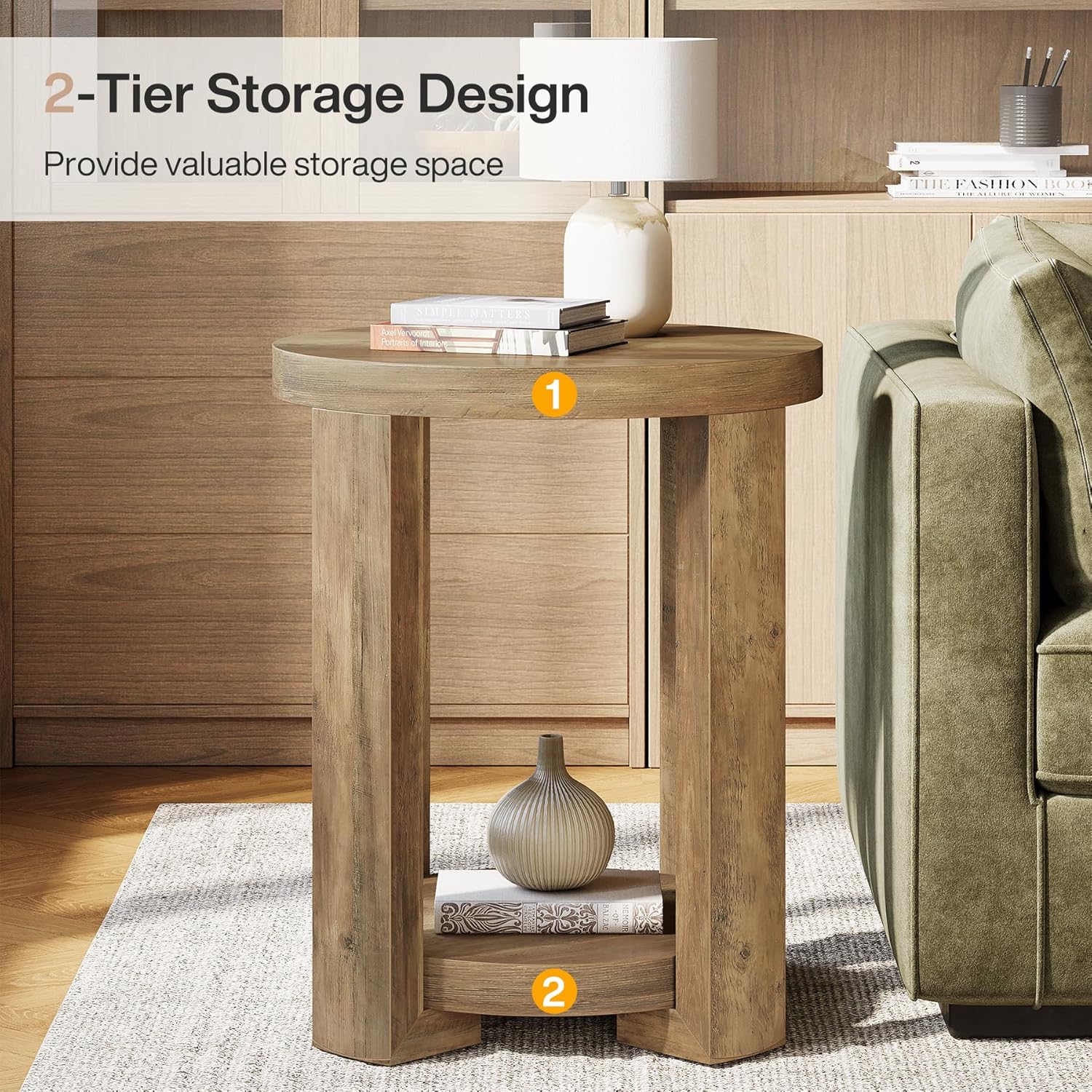 Tribesigns Mesa auxiliar redonda de 50 cm con almacenamiento, Mesita de noche de estilo rústico moderno Mesa de sofá de 2 niveles en color marrón
