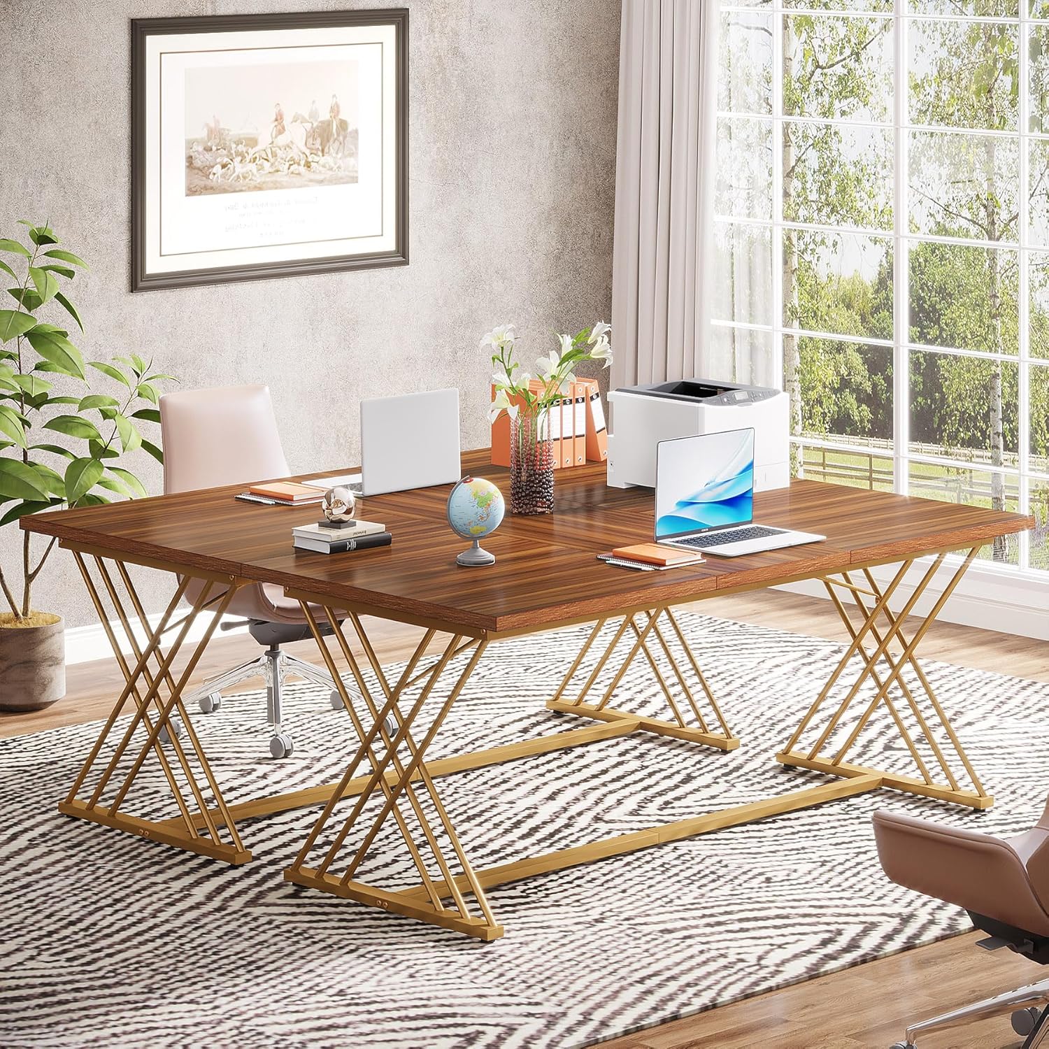 Tribesigns Escritorio de trabajo, mesa de ordenador moderna con estructura de metal dorado