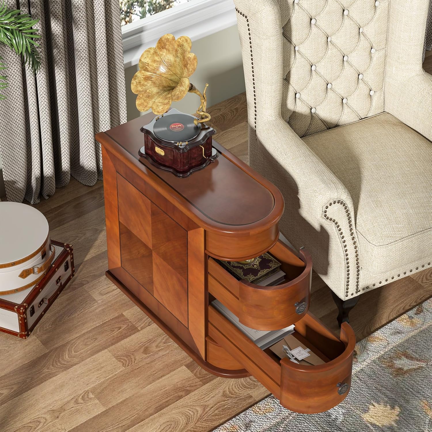 Tribesigns Mesa Auxiliar de Madera, 2 Cajones, Mesa Auxiliar Sofa Sólida