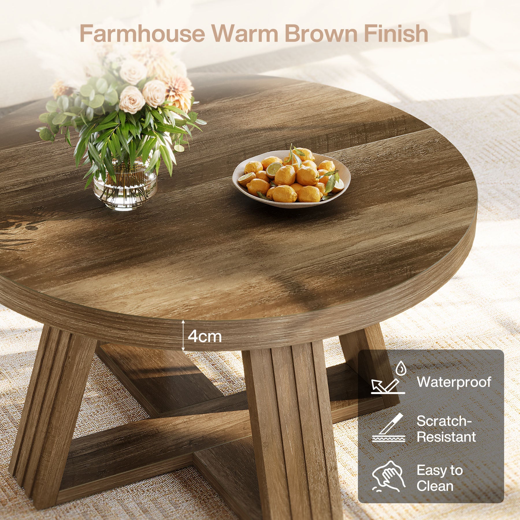 Tribesigns Mesa de centro redondade 80 cm, Estilo rústico mesa de salón con vetas de madera y estructura en cruz