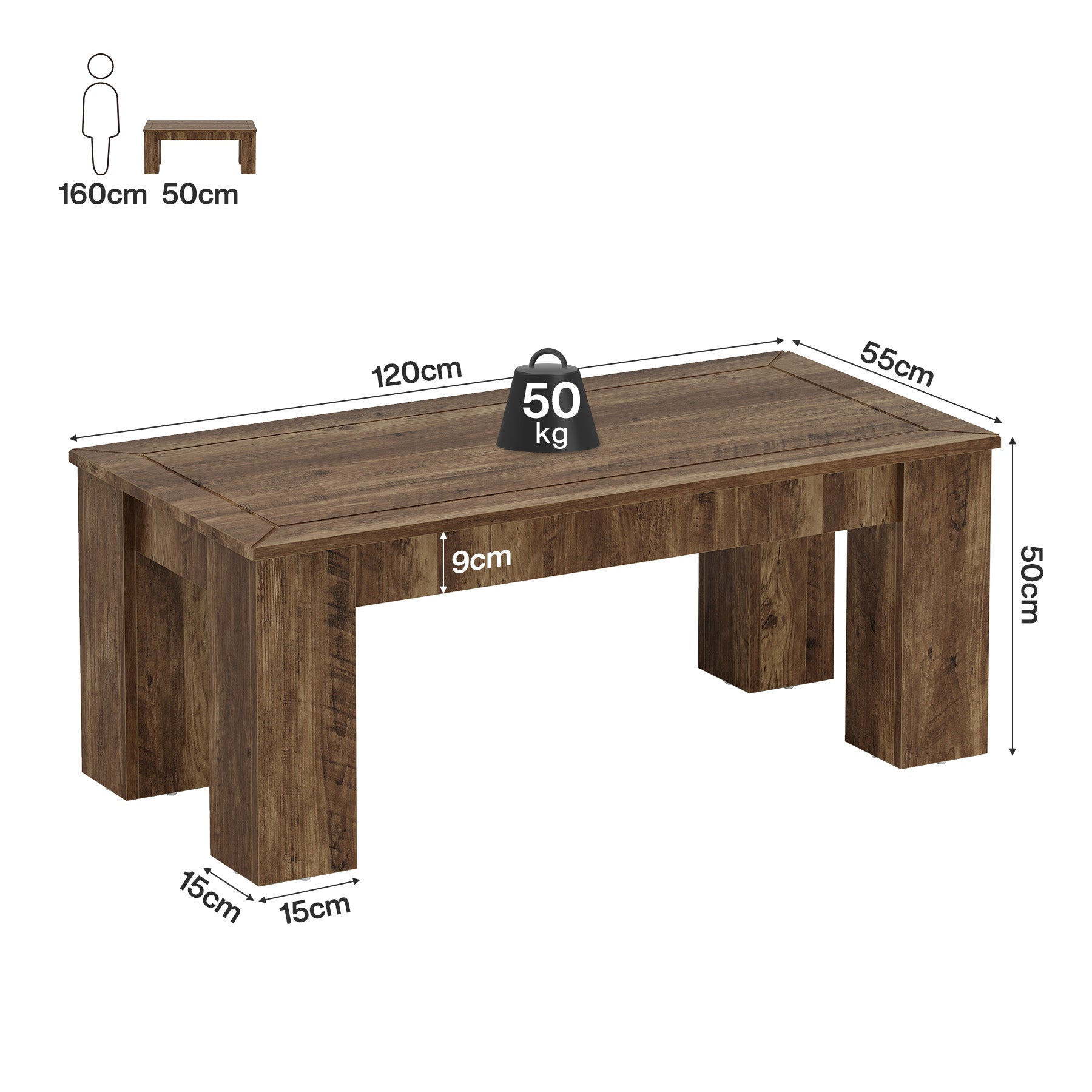 Tribesigns Mesa de centro rectangular para salón 120 cm, Estilo rústico de madera con patas robustas