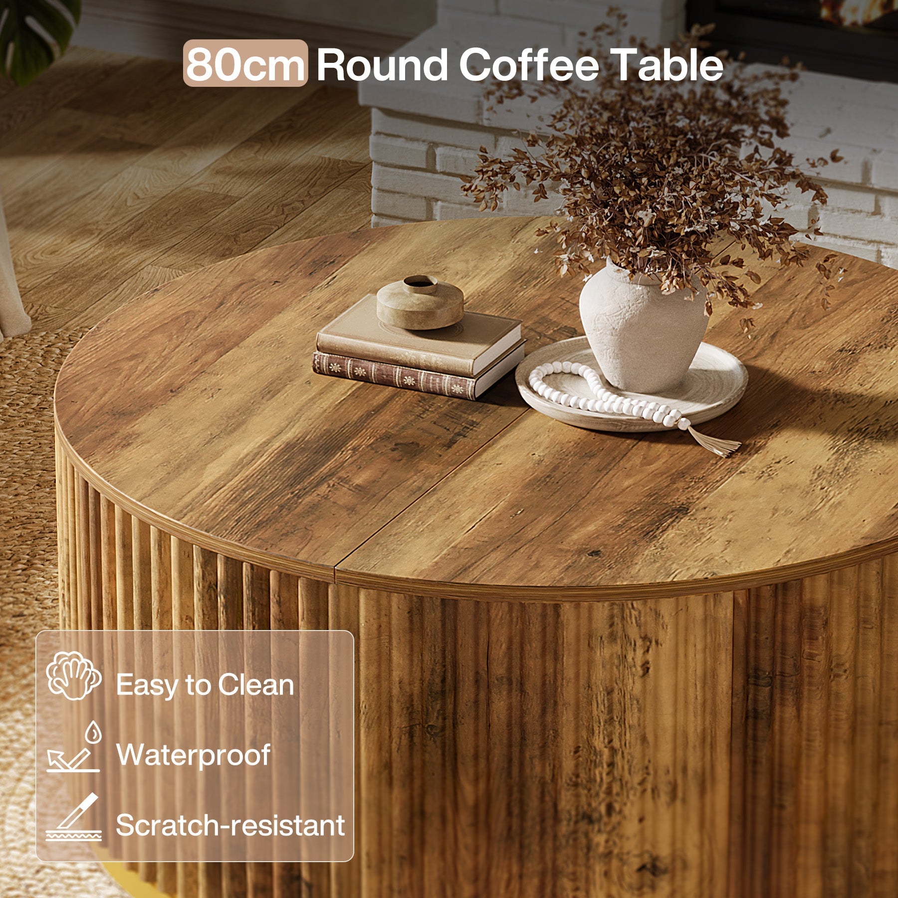 Tribesigns Mesa de centro redonda de 80 cm con diseño acanalado, Mesa de salón con base de tambor estable