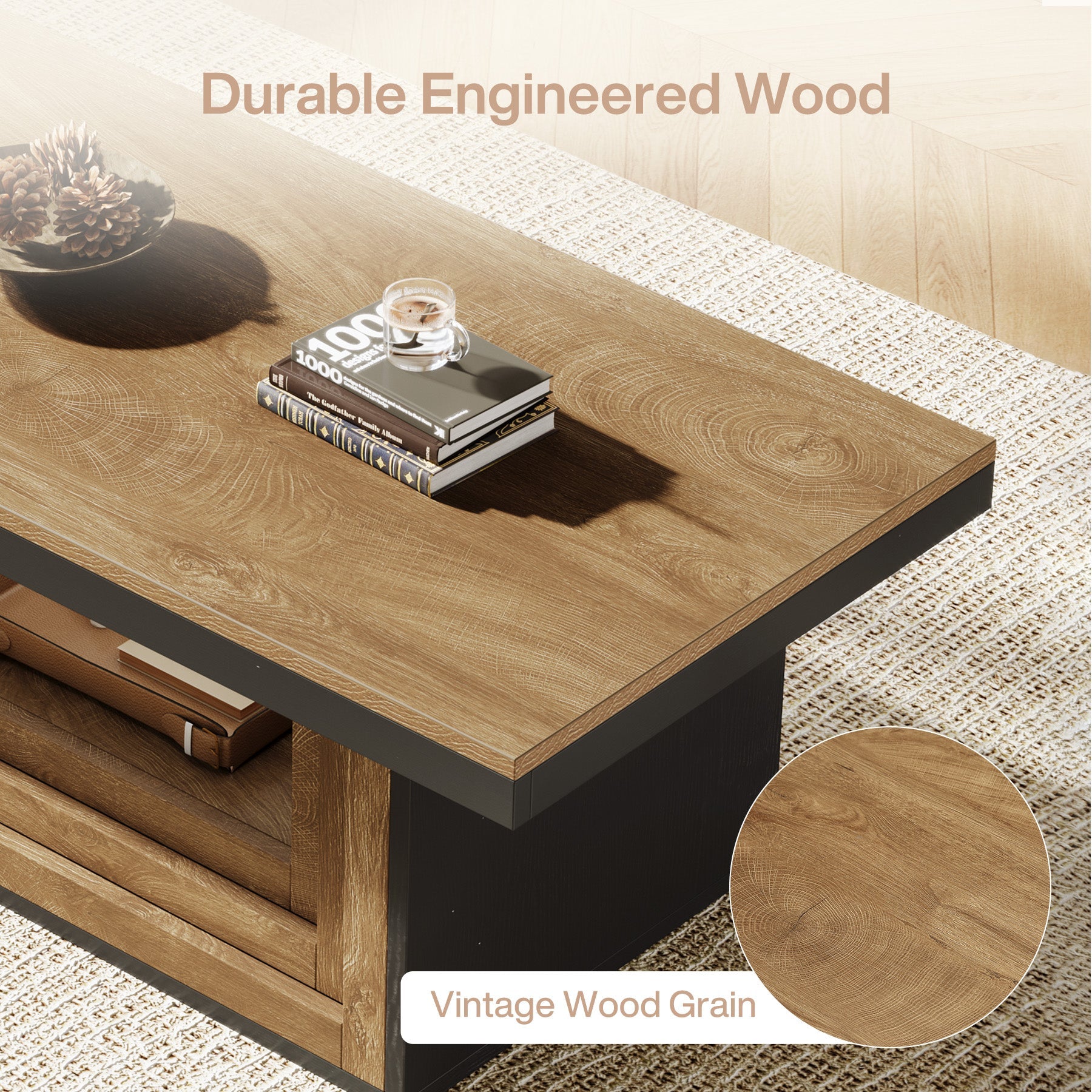 Tribesigns Mesa de centro rectangular de 120 cm de estilo rústico, Mesa de salón con estante y diseño acanalado