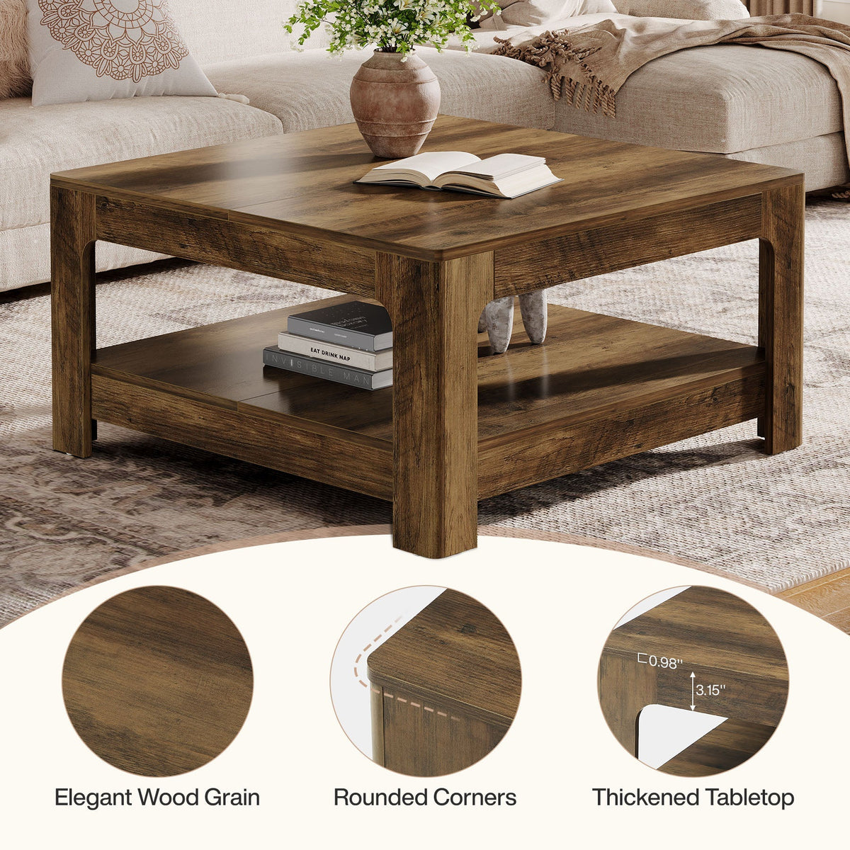 Tribesigns Mesa de centro de 100 cm con estante de almacenamiento, Mesa de salón cuadrada grande de estilo rústico