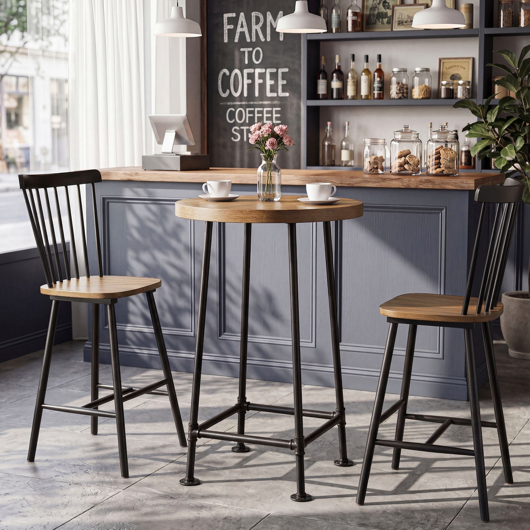 Tribesigns Mesa redonda de bar de 95 cm con reposapiés metálico, Mesa alta de estilo industrial para cocina y bistró (solo la mesa)