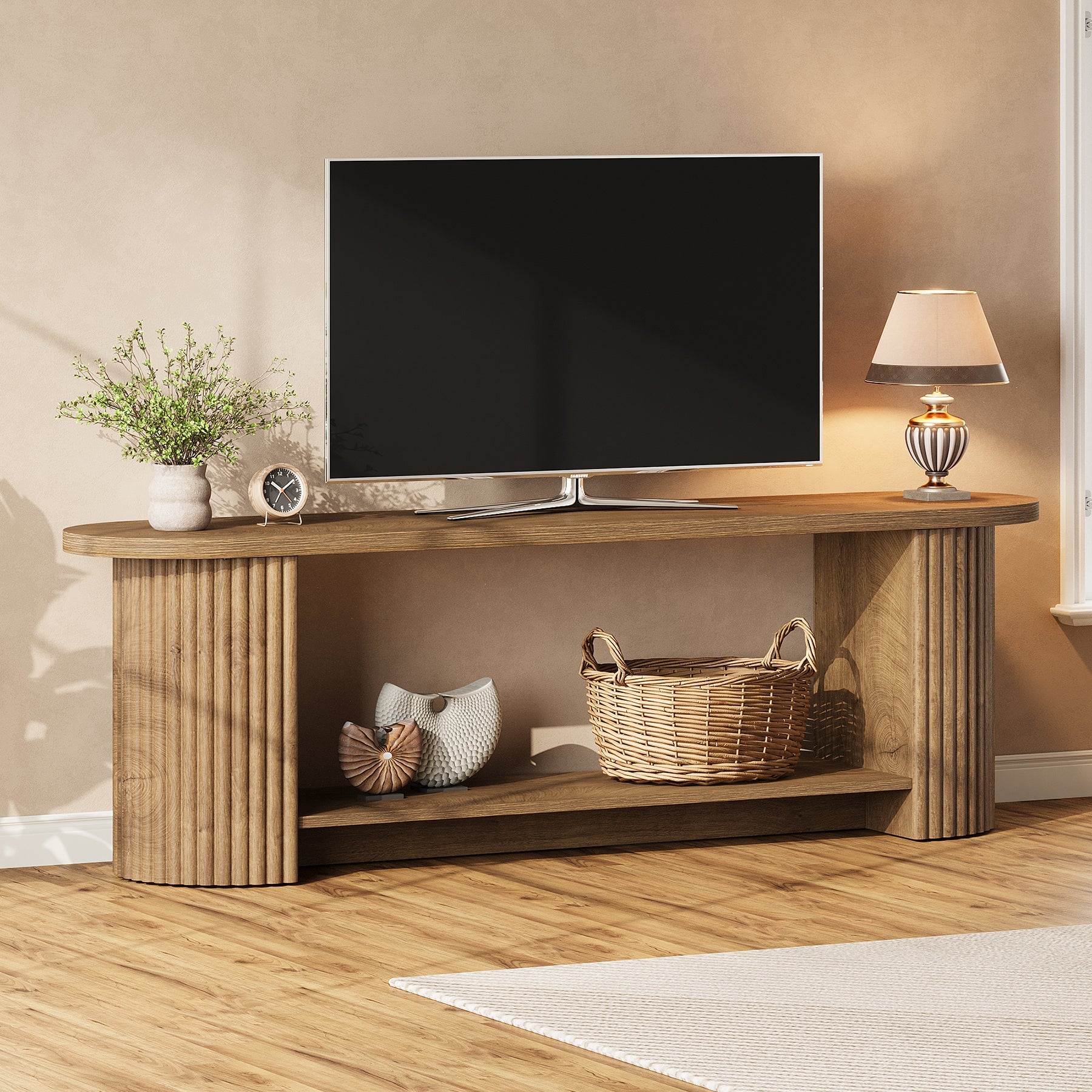 160 cm Tribesigns tv-meubel met geribbeld ontwerp en opbergplank, landelijke mediakast voor woonkamer en slaapkamer