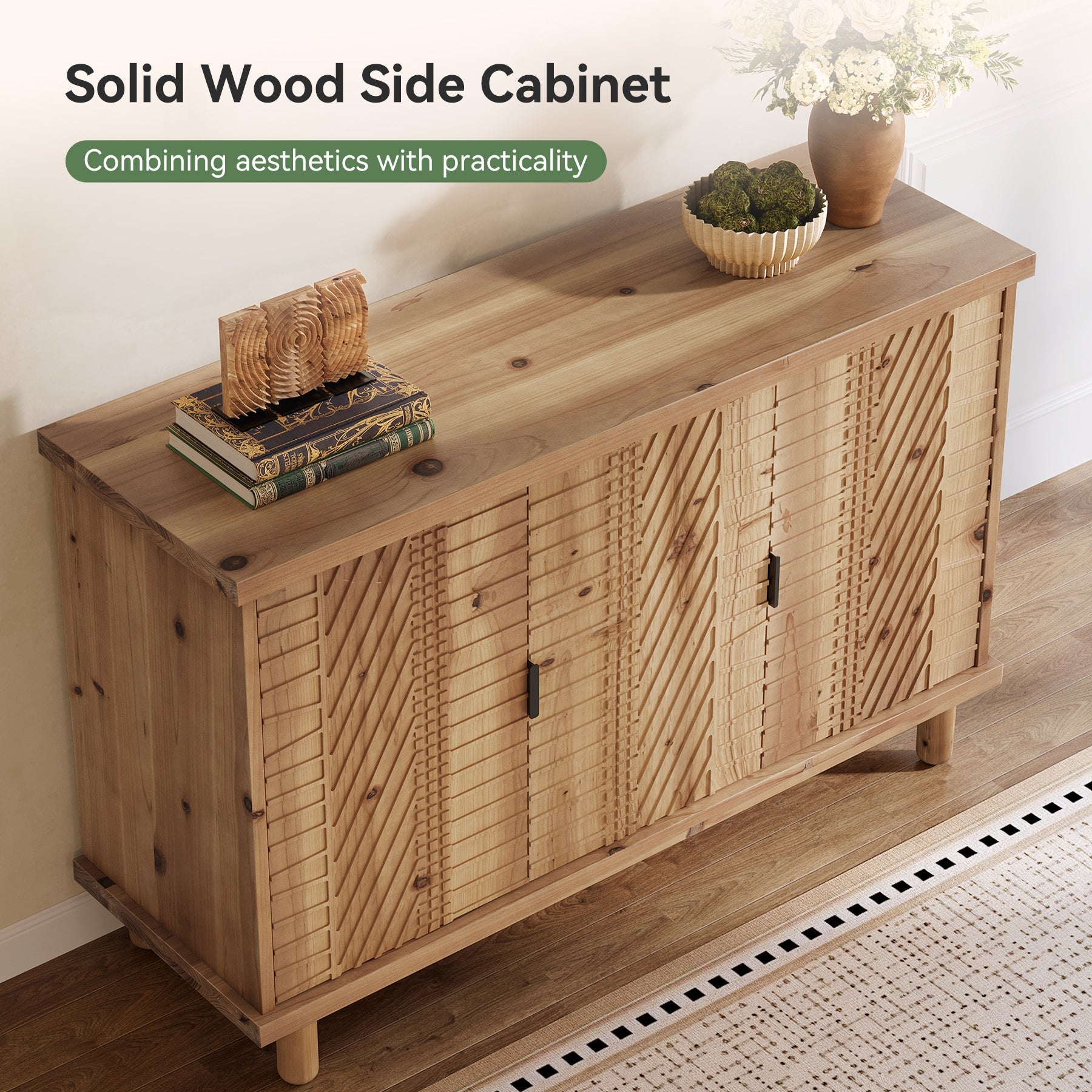 Aparador de madera maciza con espacio de almacenamiento, Vitrina de estilo rústico con 3 puertas y 2 estantes ajustables