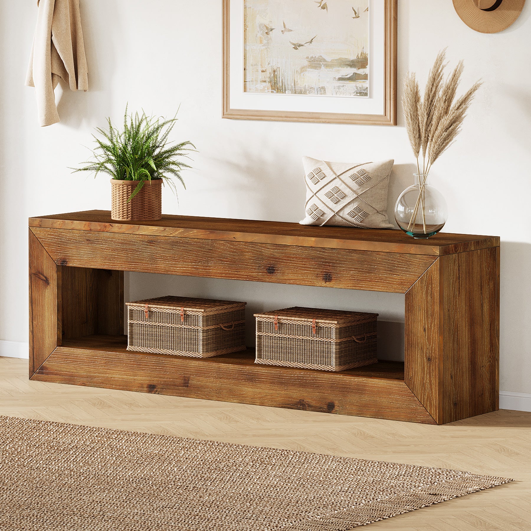 Banco de recibidor de madera maciza de 120 cm con estante de almacenamiento, Banco rústico para entrada y pasillo
