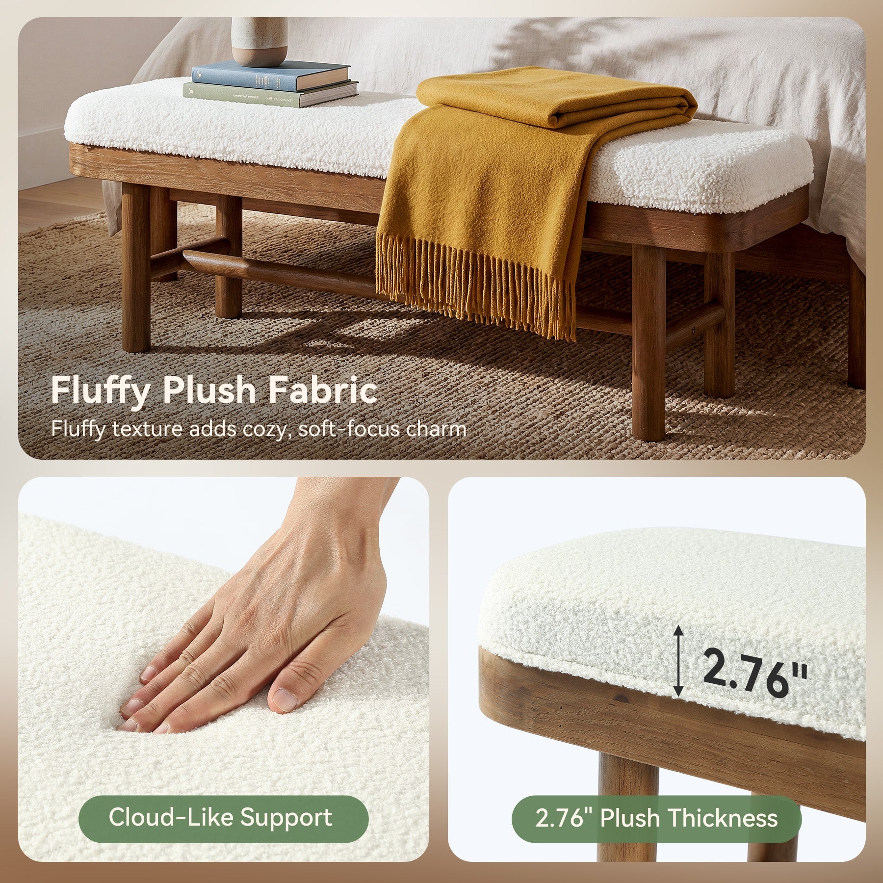 Tribesigns Banco tapizado de 140 cm, Fabricado en madera maciza Banco para dormitorio con funda de felpa