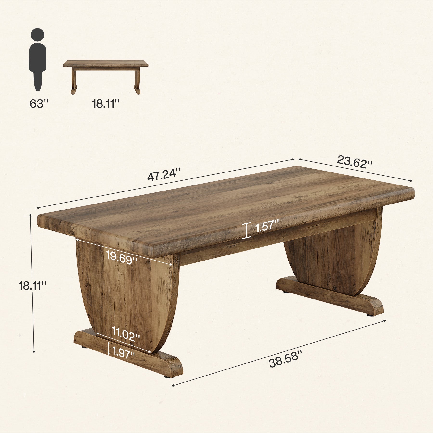 Tribesigns Mesa de centro rectangular de 120 cm, Estilo rústico de madera y con pata central resistente